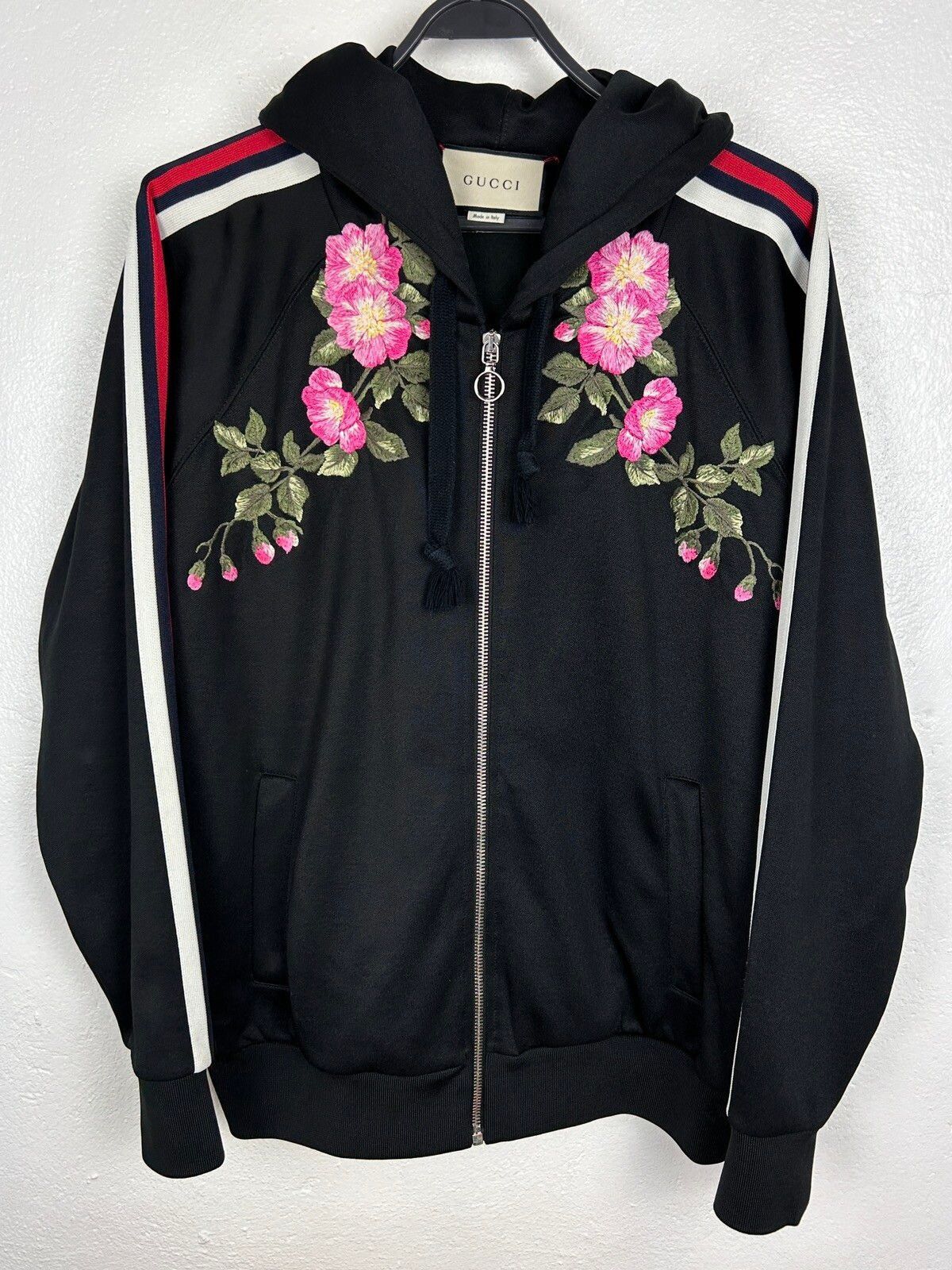 image of Gucci Floral Embroidered Zip-Up Tracksuit Hoodie In Black, Women's (Size Small)