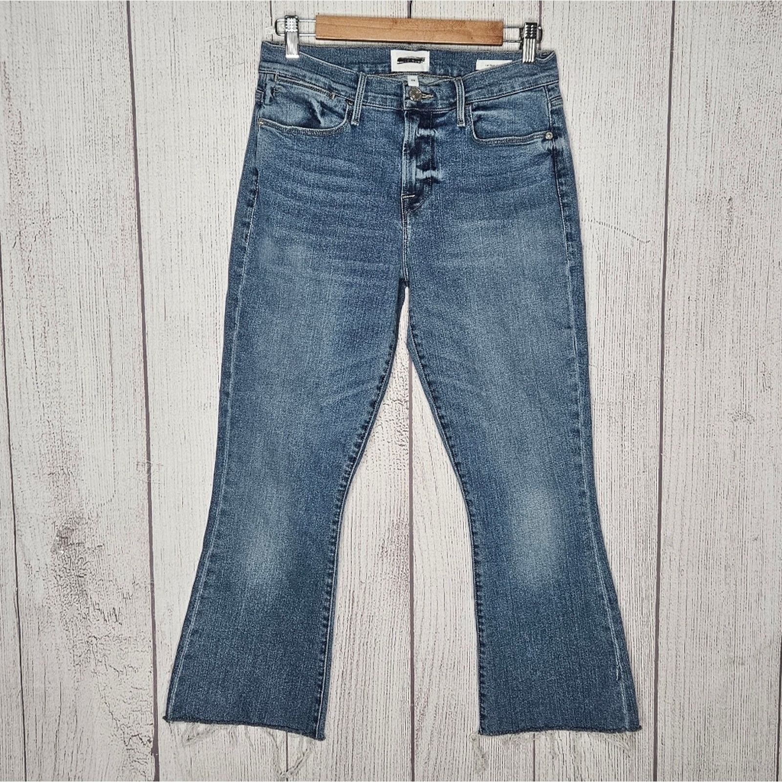 Frame FRAME Denim Le High Flare Medium Wash Raw Hem Jeans, size 28 Size 28" / US 6 / IT 42 - 1 Thumbnail