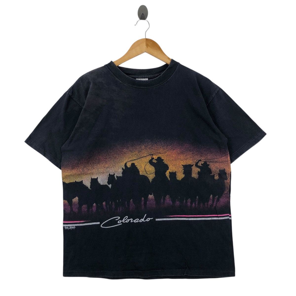 Vintage Vintage 1991 San Segal Sportswear AOP Horse Cowboy TShirt Size US XL / EU 56 / 4 - 1 Thumbnail