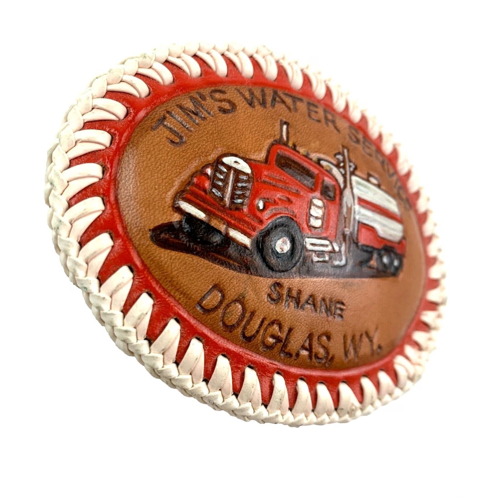 Vintage VINTAGE Leather Belt Buckle Shane Douglas Jim's Water Service Wyoming Brown Unbranded 1980s Occupational Adult Unisex Mens Womens Boys Girls Size ONE SIZE - 2 Thumbnail