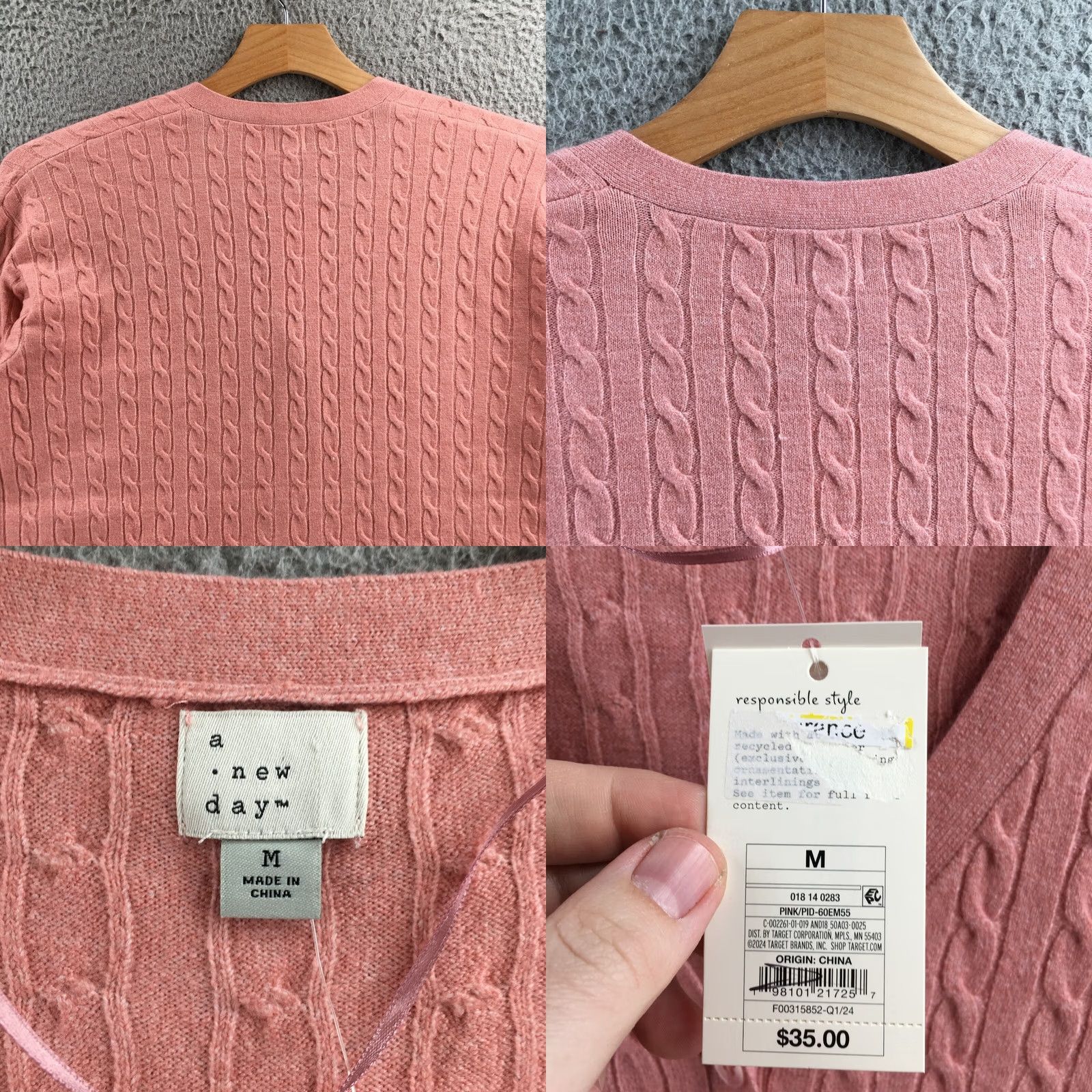 Vintage A New Day Cardigan Sweater Womens M Pink Cable Knit Long Sleeve VNeck Casual NEW Size M / US 6-8 / IT 42-44 - 8 Thumbnail