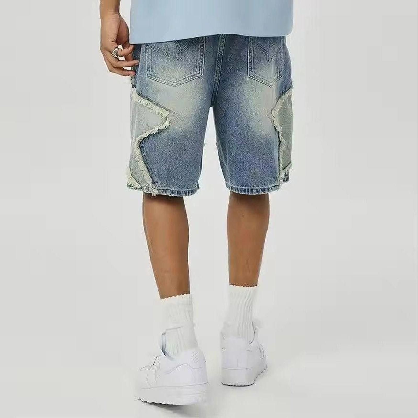 Stars Patchwork Washed Baggy Shorts, Embroidered Shorts