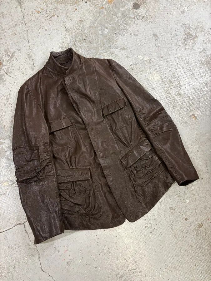 Marithe + Francois Girbaud AW2002 Marithé + François Girbaud Pleats Brown Leather Avant-Garde Blazer Jacket Size 44R - 4 Thumbnail