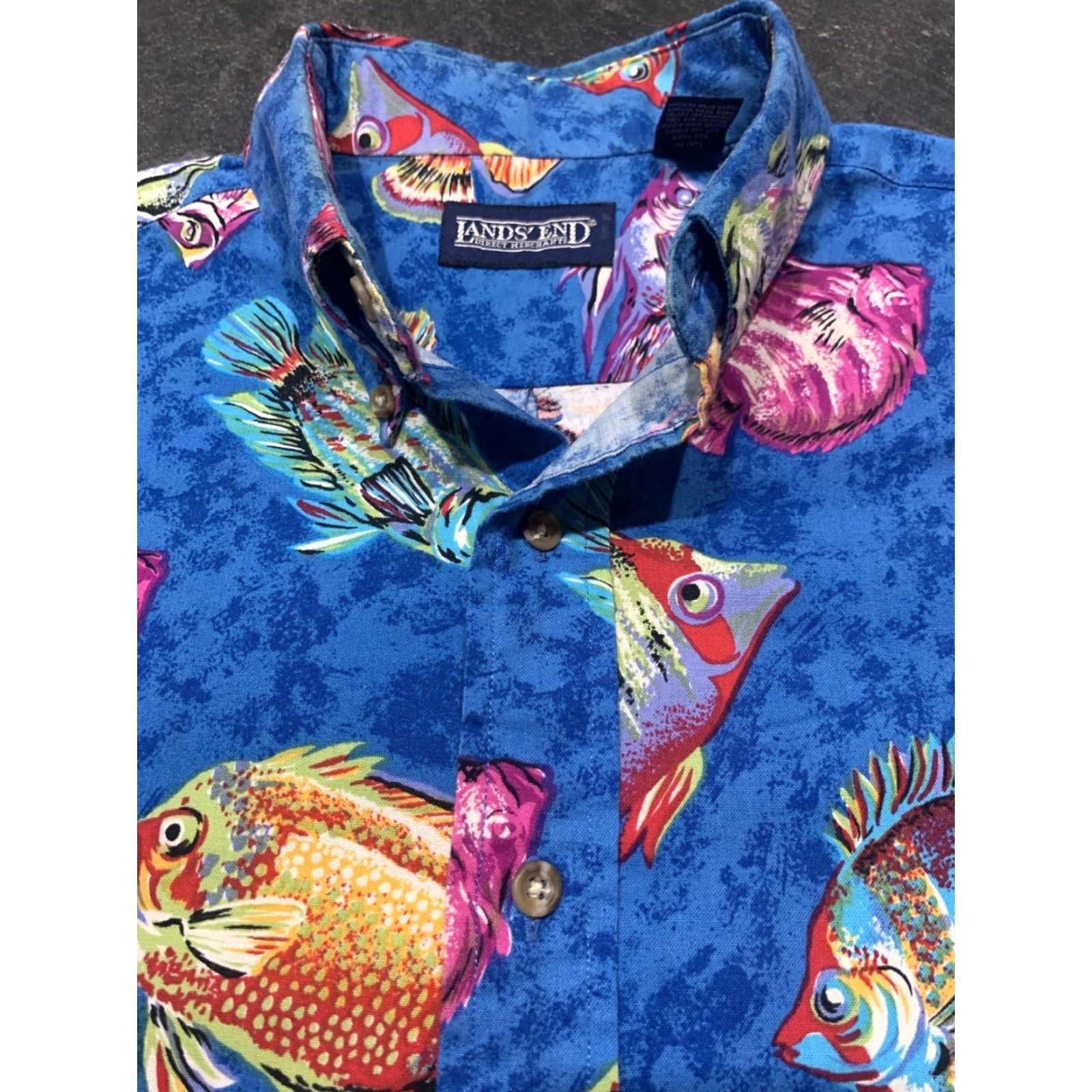 Lands' End Lands' End Blue Cotton Fish Print Short Sleeve Button-Up Shirt Men's Medium (15"-15.5") Casual American Classic Size US M / EU 48-50 / 2 - 2 Thumbnail