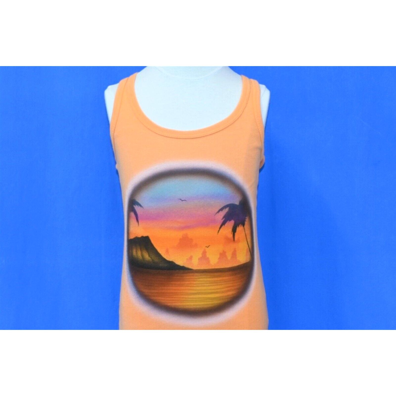 image of Vintage 80's Sunset Palm Trees Island Racerback Airbrushed T-Shirt Youth Small S in White, Men's