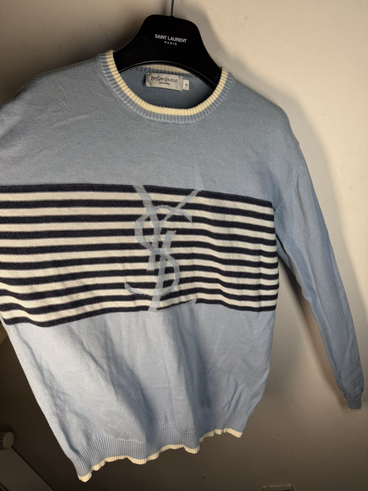 Yves Saint Laurent Blue YSL Sweater Knit Light Big Logo Size US M / EU 48-50 / 2 - 9 Thumbnail
