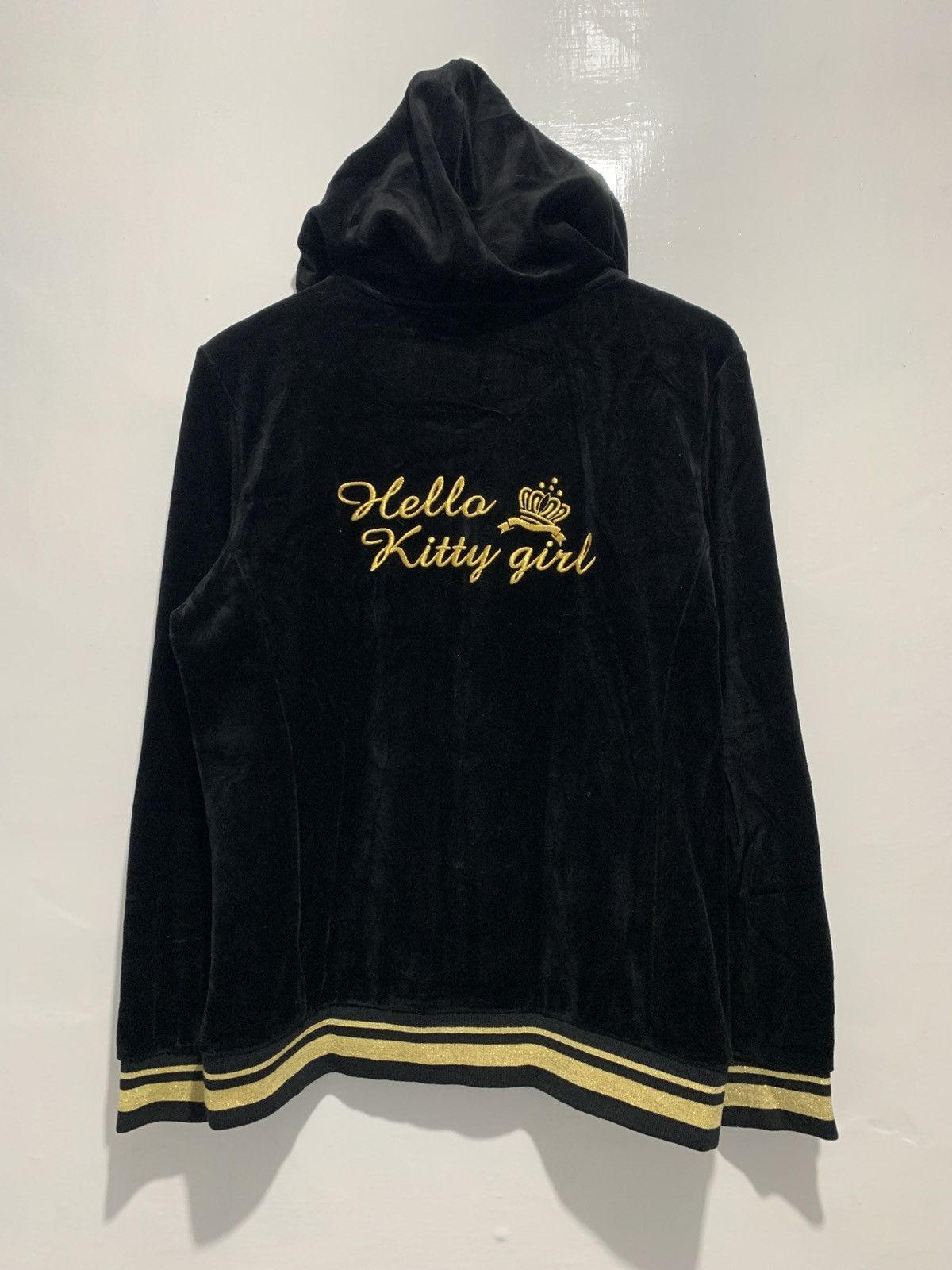 Beauty Beast Hello Kitty Velvet Elegant Black Gold Hoodie Zip Jacket Size L / US 10 / IT 46 - 3 Thumbnail
