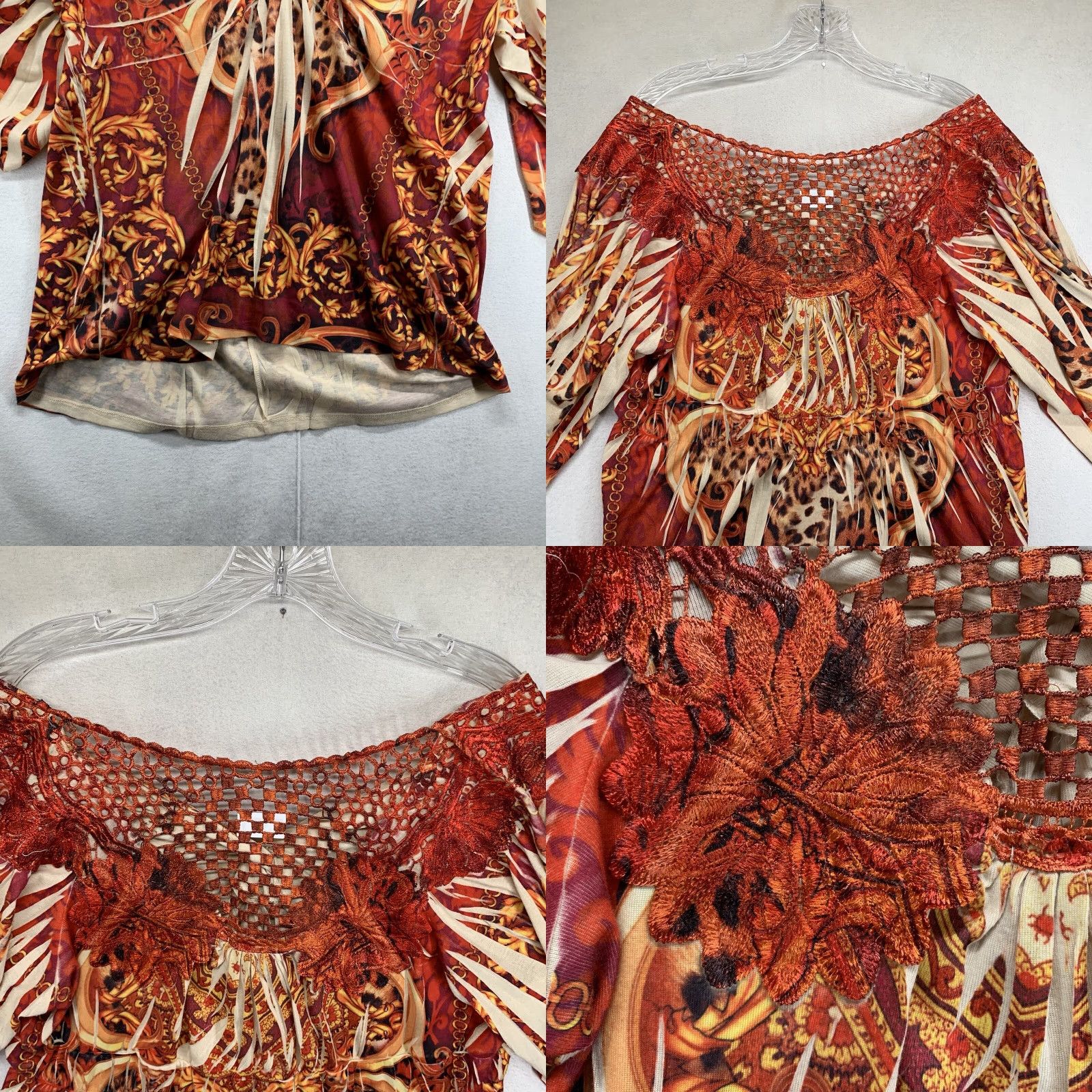 Vintage Oneworld Women's Top 2X Orange Scoop Neck Print Pullover Long Sleeve Embroidered Size XXL / US 16-18 / IT 52-54 - 8 Thumbnail