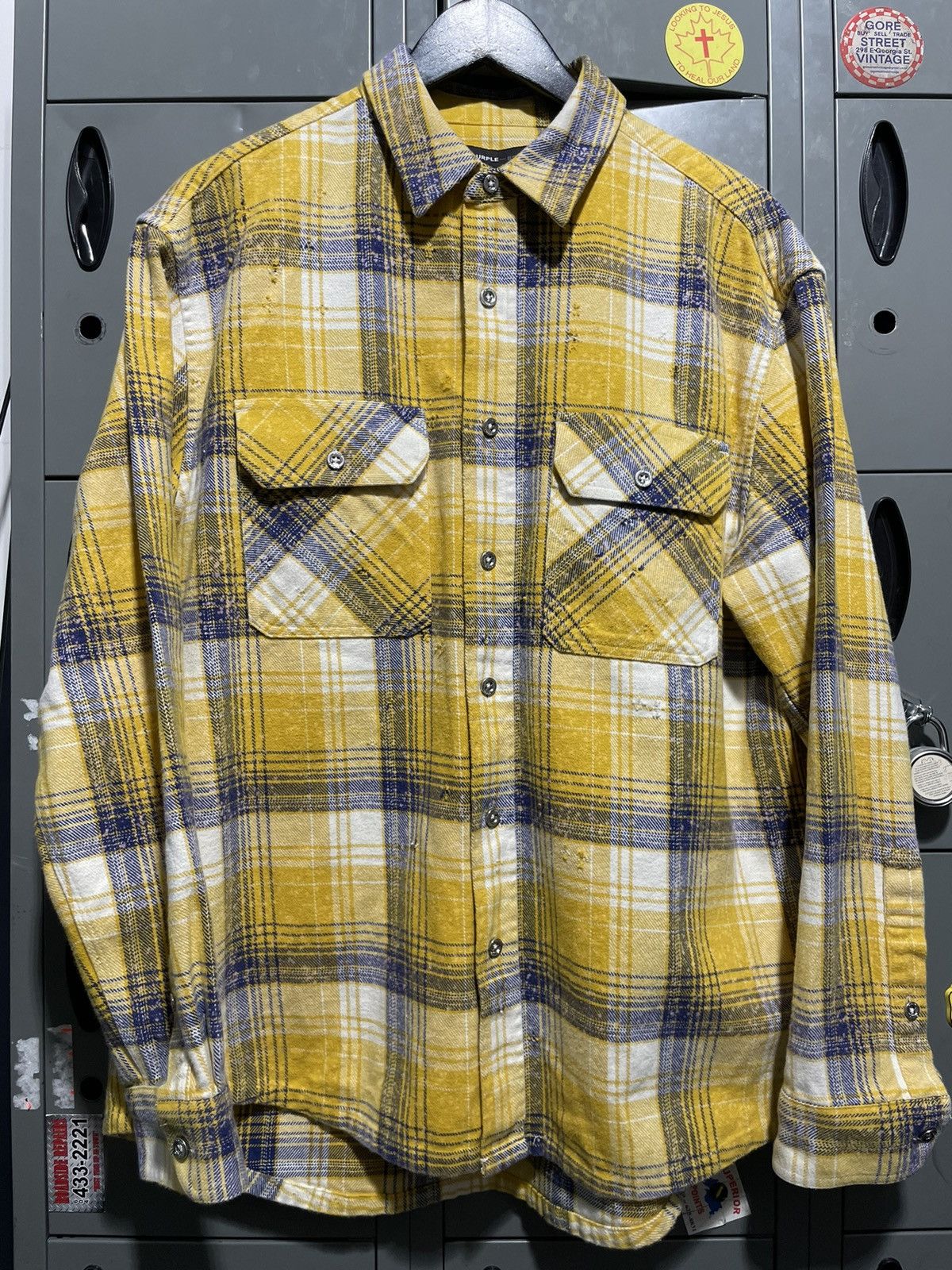 image of Yellow Plaid Flannel Distressed Purple Grand Half Text, Men's (Size Large)
