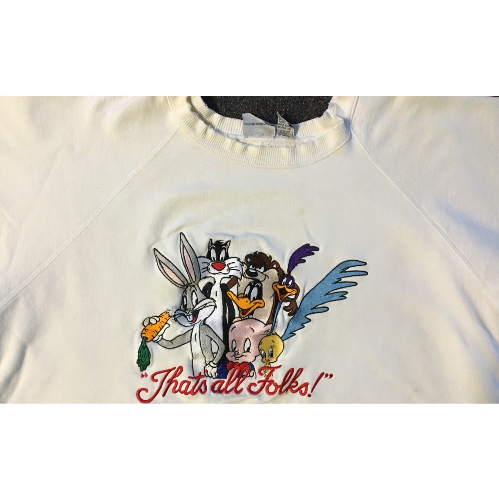 Vintage VINTAGE Looney Tunes Sweatshirt Boxy XL White Embroidered 90s Thrashed Faded Distressed Pullover Hoodie Mens Nike? Wait no. Size US XL / EU 56 / 4 - 4 Thumbnail