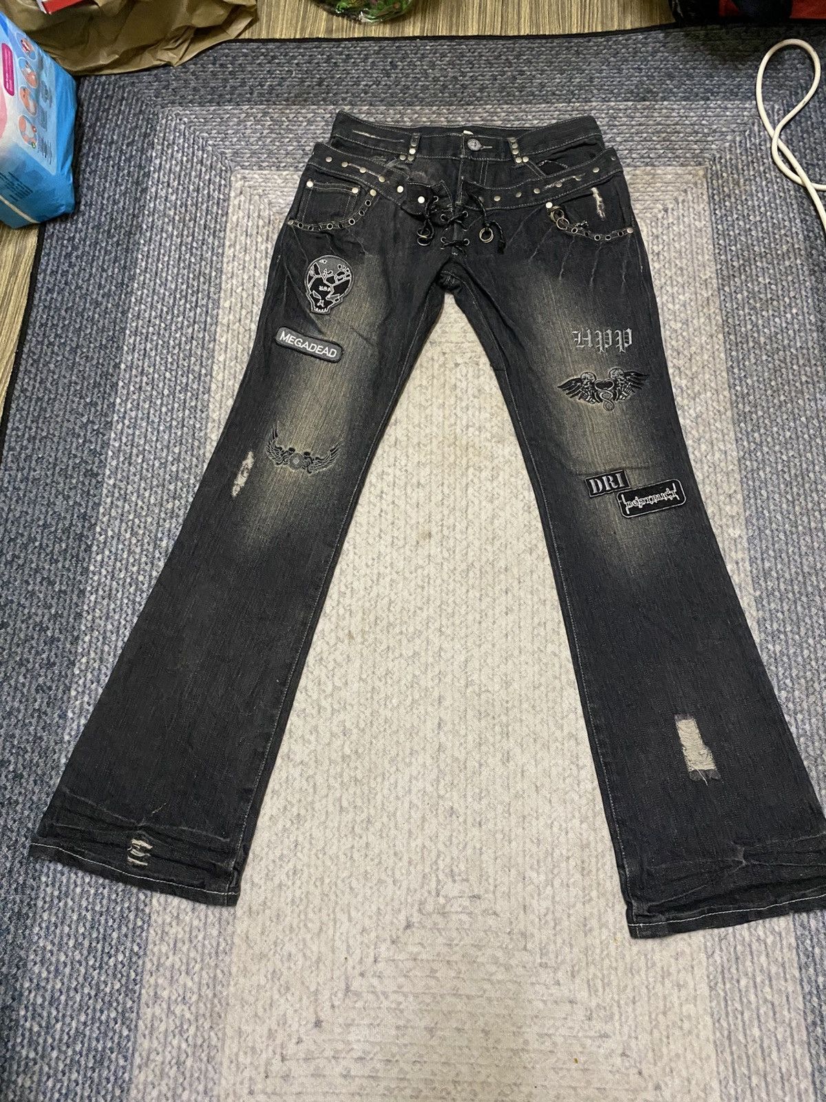 Japanese Brand HPP DOUBLE WAIST DISTRESSED STUD FLARED JEAN Size US 31 - 1 Thumbnail
