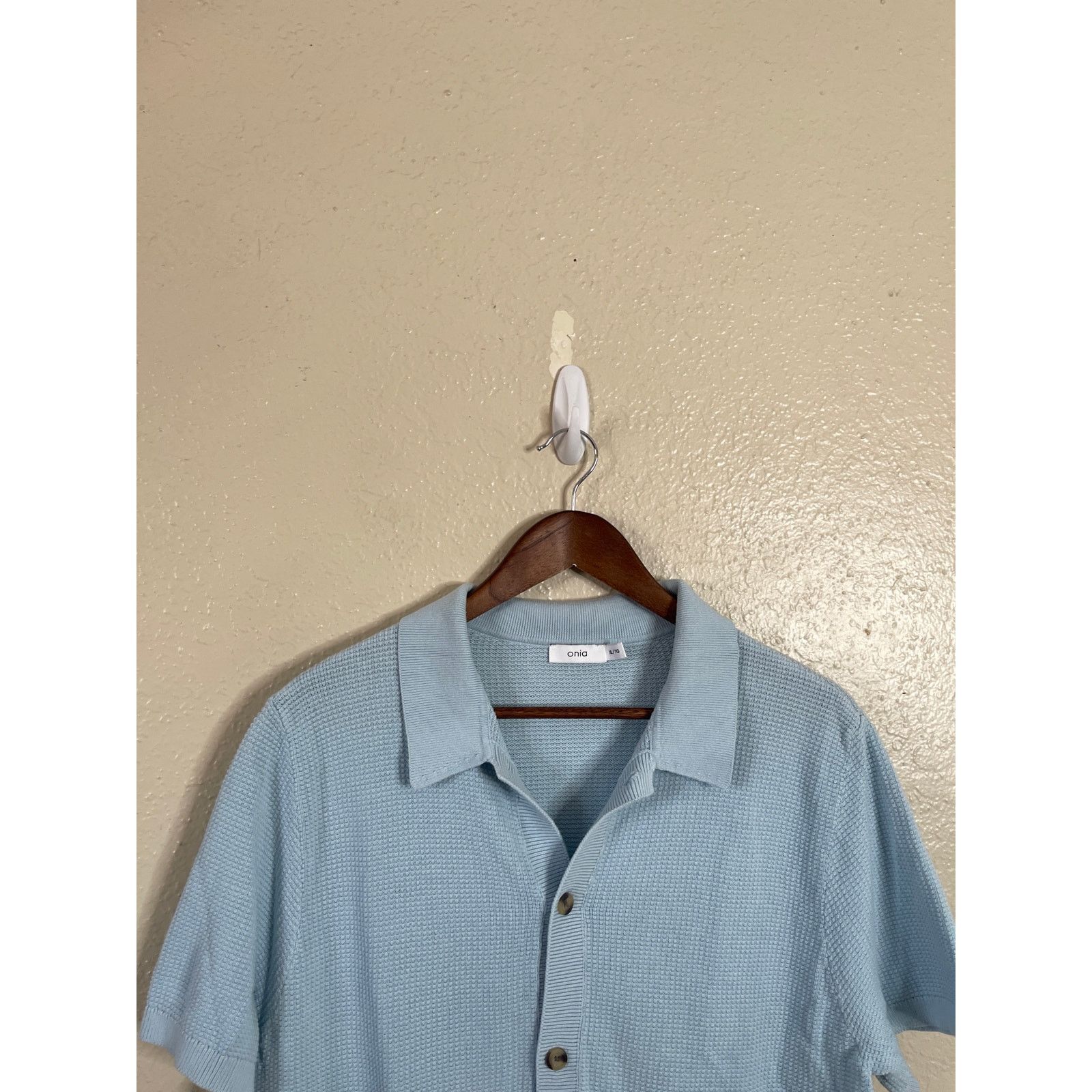 Onia Crochet Knit Button Up Shirt Blue Cotton Mens XL