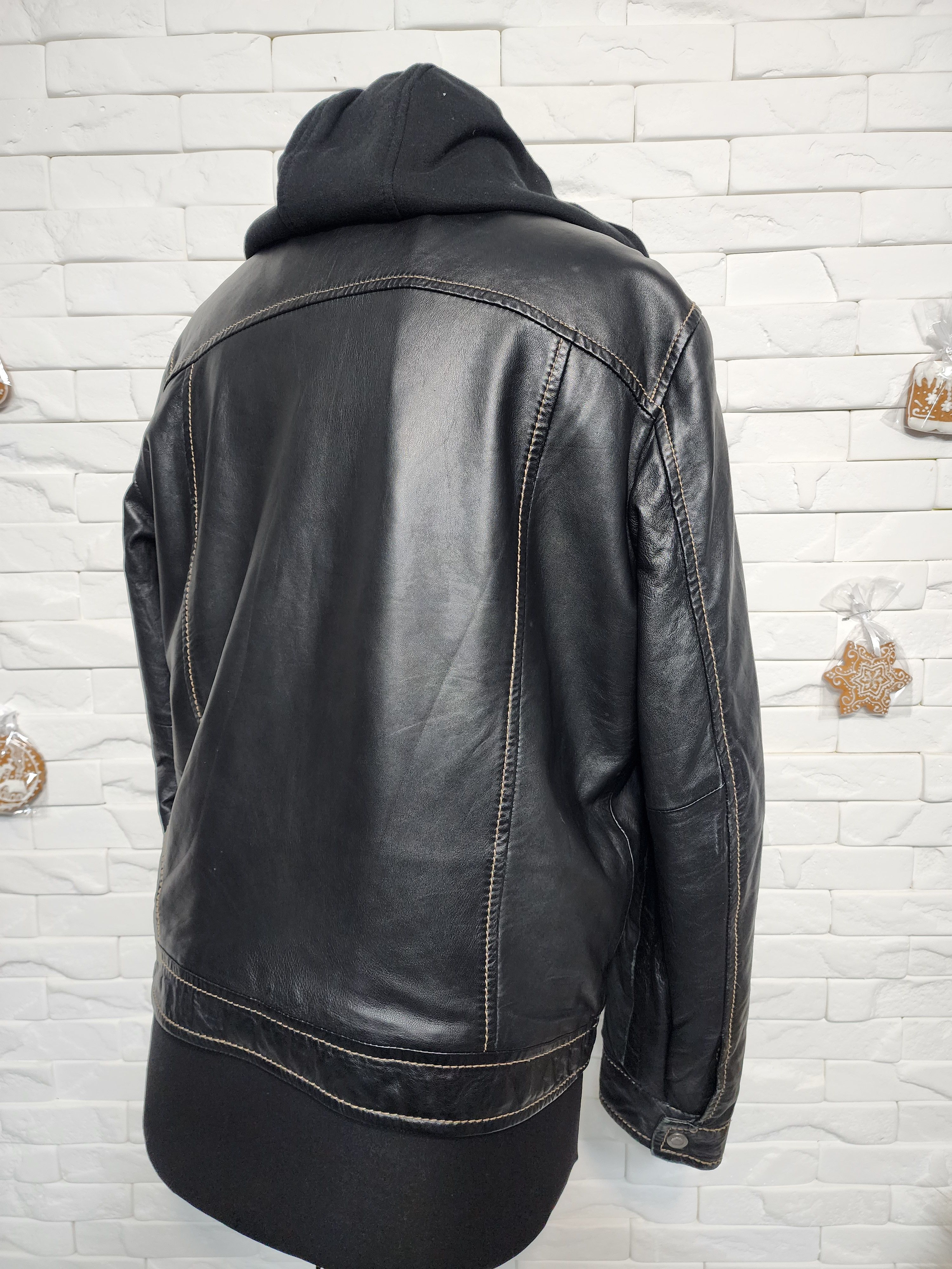 Genuine Leather Men's Black Leather Hooded Jacket: Knitted Collar & Hood. Size US L / EU 52-54 / 3 - 7 Thumbnail