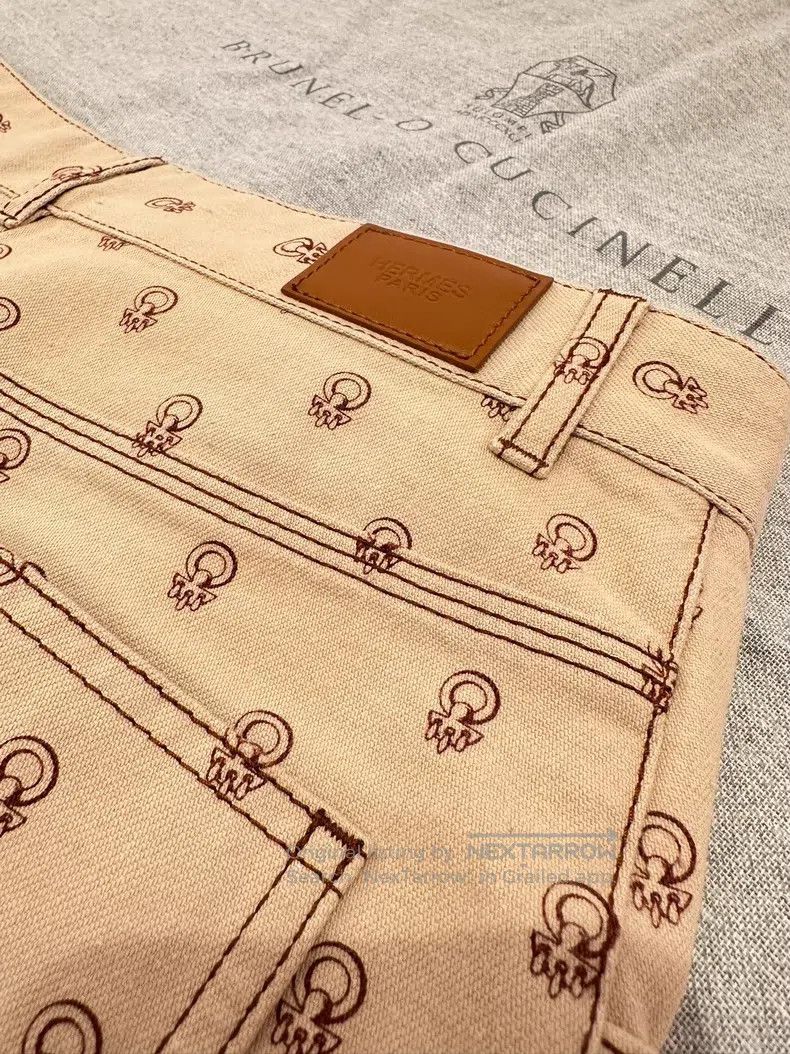 Hermes Hermes Cotton khaki full-print logo jeans Size 25" / US 0 / IT 36 - 5 Thumbnail