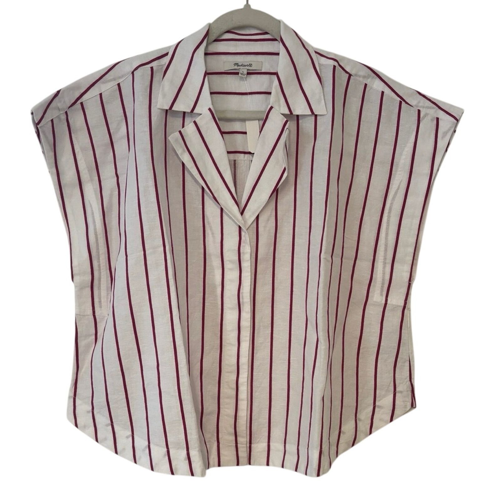 Madewell NWT Madewell Collar Shirt in Linen-Cotton Dark Rose Stripe L Size L / US 10 / IT 46 - 4 Thumbnail
