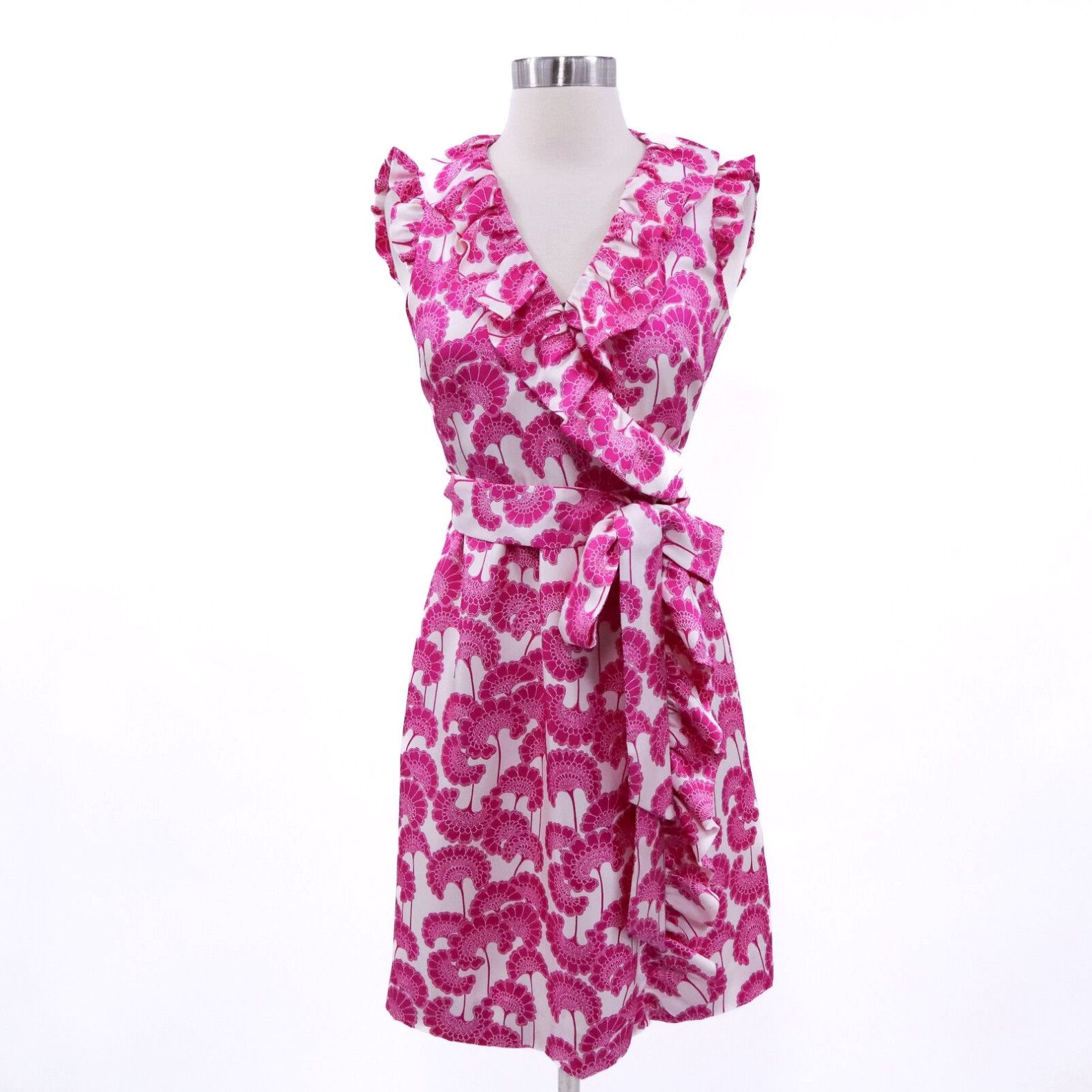 Image of Vintage Kate Spade Florence Broadhurst Wrap Dress Silk Womens 0 White Pink Floral Ruffle (Size XS)