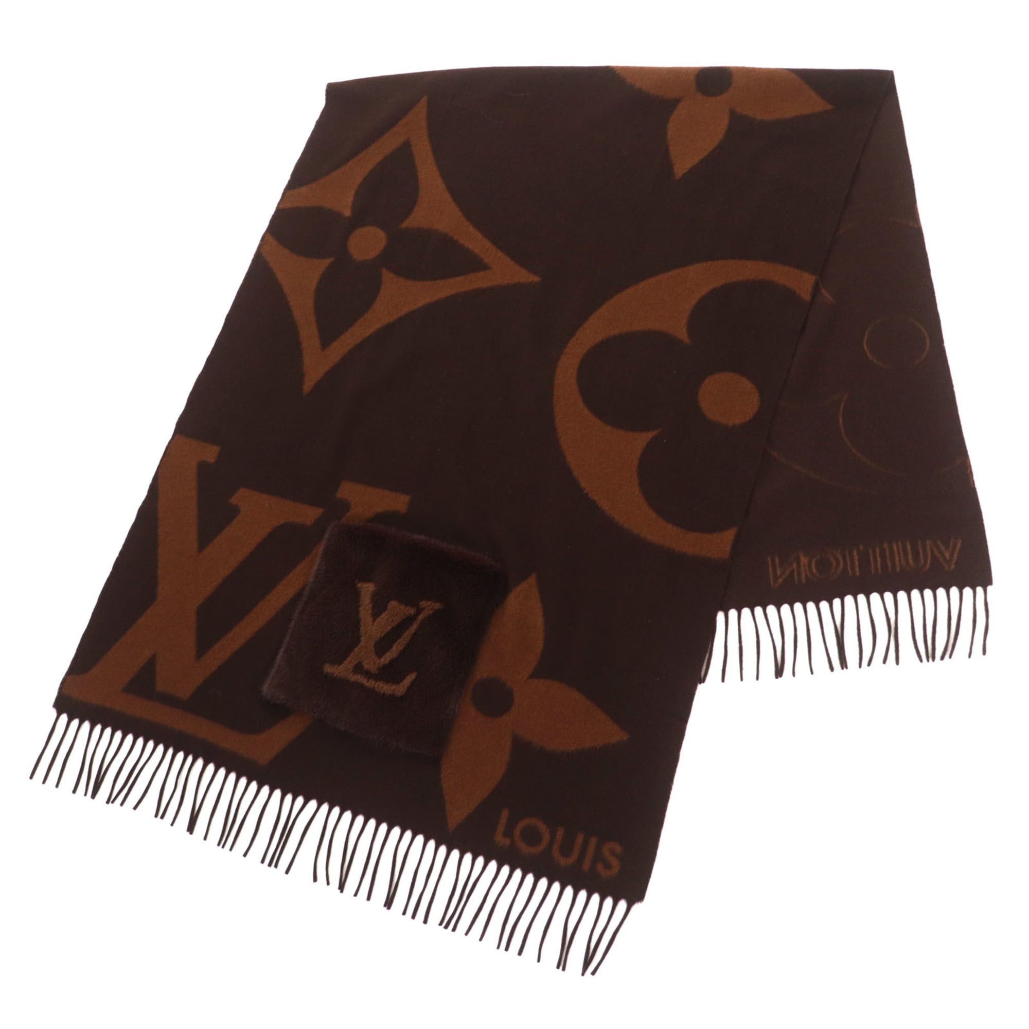 Louis Vuitton LOUIS VUITTON M77387 The Ultimate Fur Cashmere Wool Monogram Giant Scarf, Brown, Made in Italy, Authentic, Women's. Size ONE SIZE - 1 Thumbnail