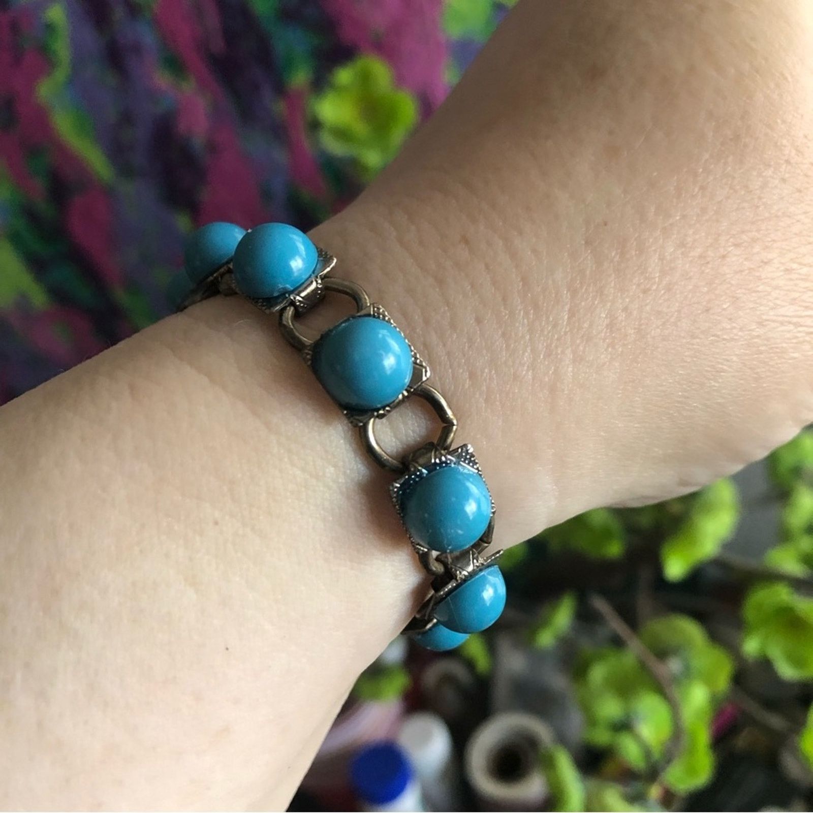 Vintage Vintage 70s turquoise cabochon silver link bracelet Size ONE SIZE - 3 Thumbnail