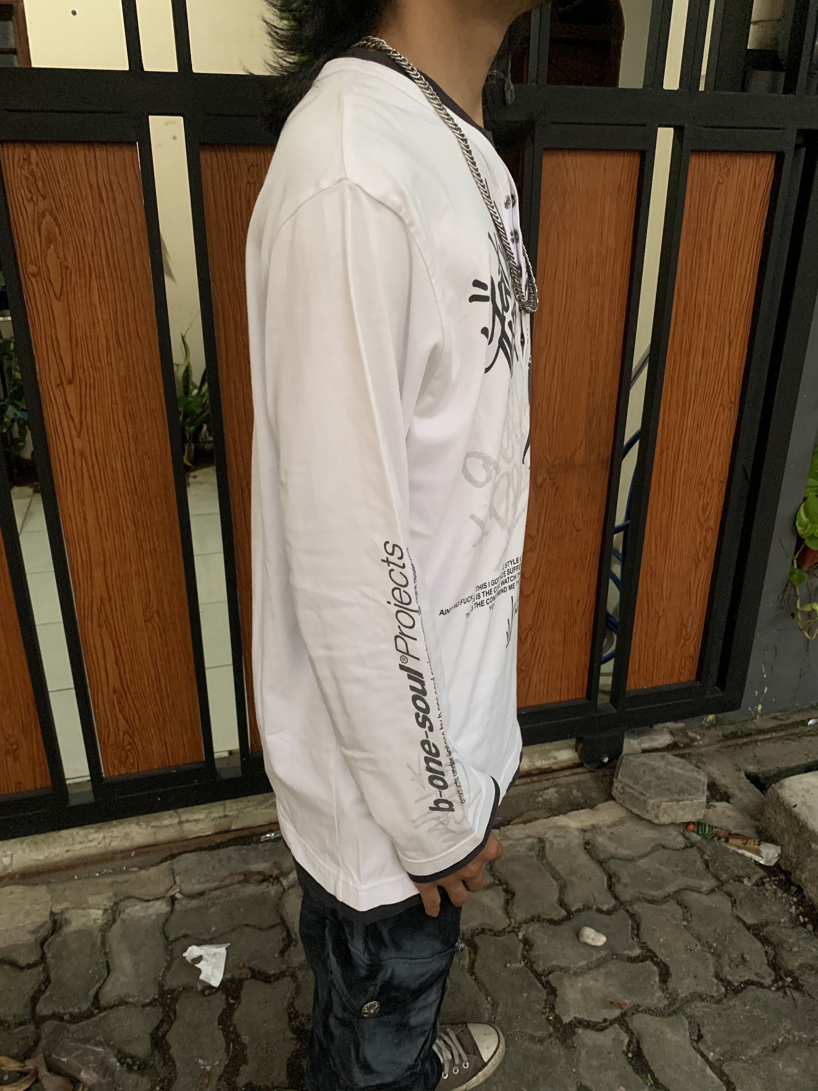 Japanese Brand Y2K B-One-Soul Projects Grunge White Poem Henley LongSleeve Size US L / EU 52-54 / 3 - 8 Thumbnail