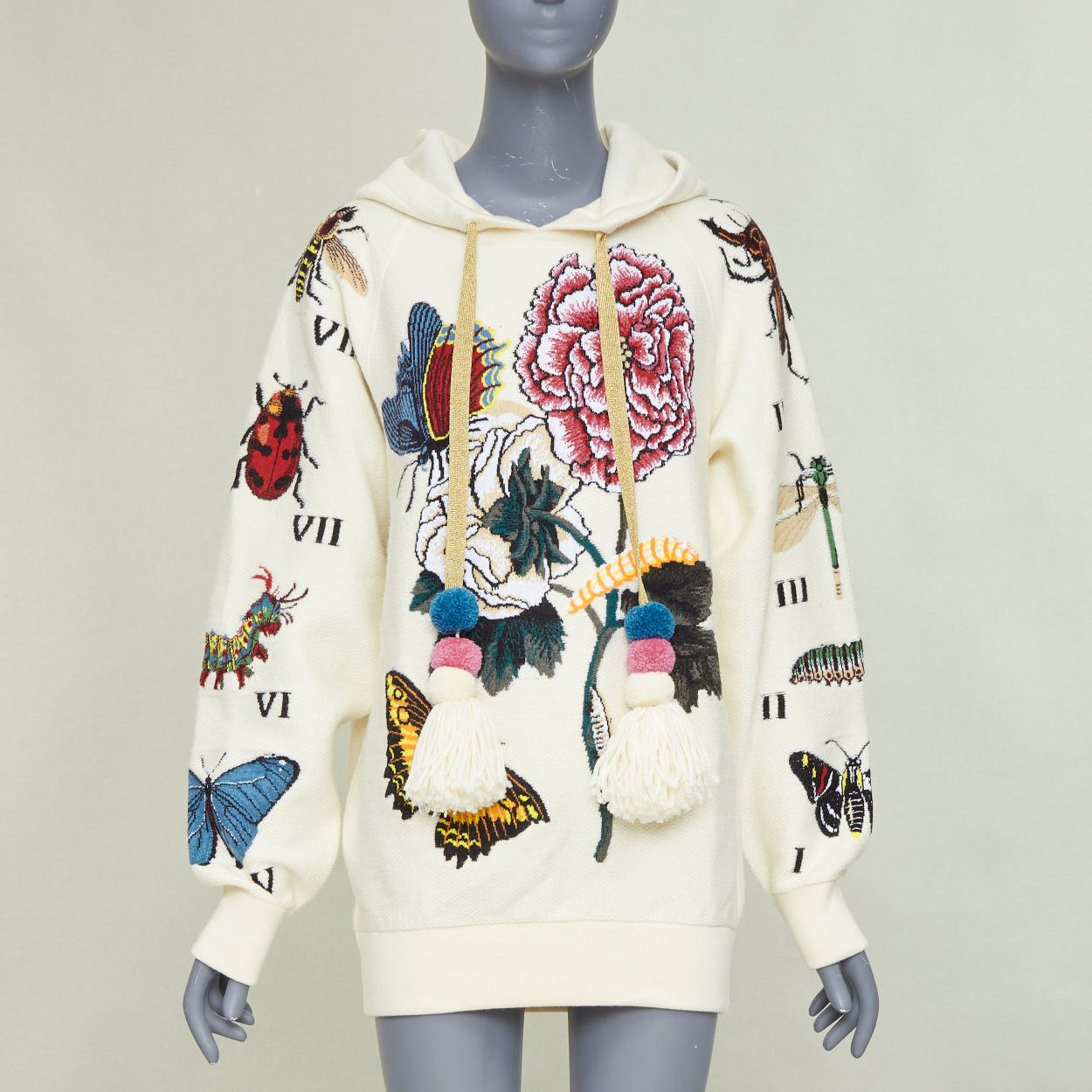 Gucci GUCCI 2017 Runway ivory wool cotton pom pom embroidered insect floral hoodie XXS Size XS / US 0-2 / IT 36-38 - 1 Thumbnail
