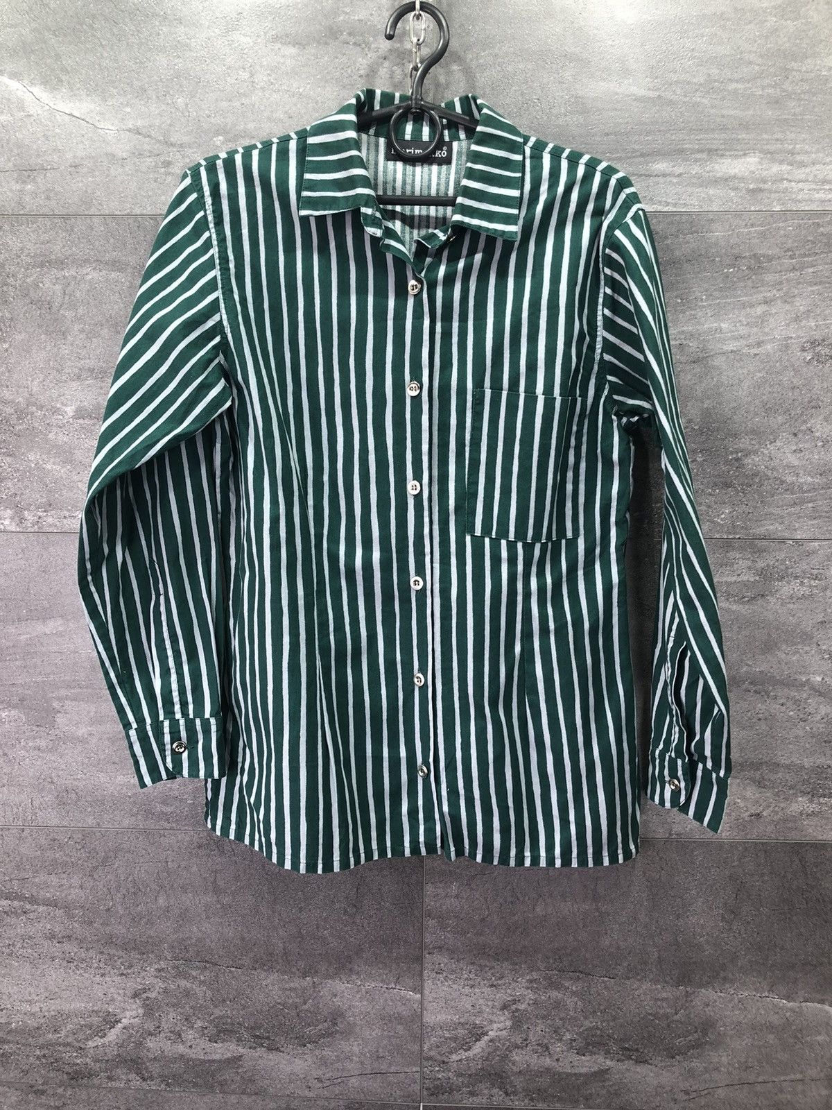 Pre-owned Marimekko Jokapoika Mens Striped Shirt Metal Button Luxury In Green
