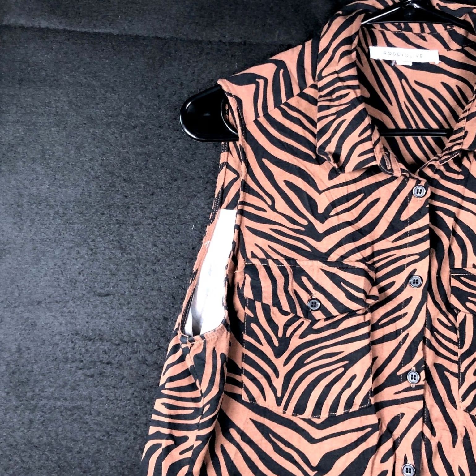 Vintage Rose + Olive Womens Blouse Black Brown Tiger Stripe Sleeveless Button Down Tunic L Size L / US 10 / IT 46 - 4 Thumbnail