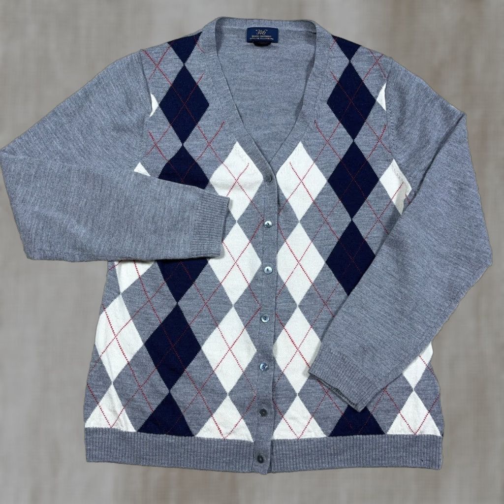 Brooks Brothers VINTAGE Brooks Brothers Cardigan Sweater Women Large Gray Blue Diamond V Neck 346 Wool Size L / US 10 / IT 46 - 1 Thumbnail