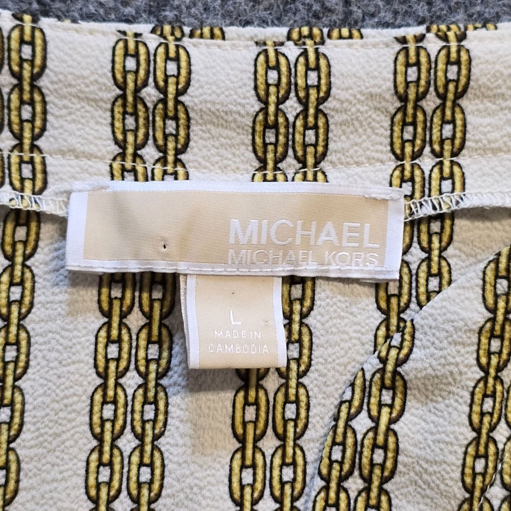 Michael Kors Michael Kors Top Womens Size L White Yellow Chain Link Texture V Neck Casual Blouse Regular Sleeve 3/4 Lightweight Polyester White Womens Size L / US 10 / IT 46 - 3 Thumbnail