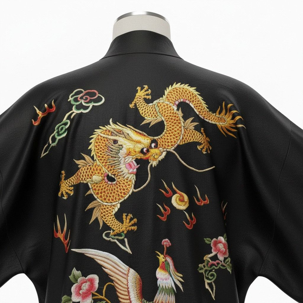 & Other Stories Golden Dragon Embroidered Kimono – Black Silk Size ONE SIZE - 6 Thumbnail