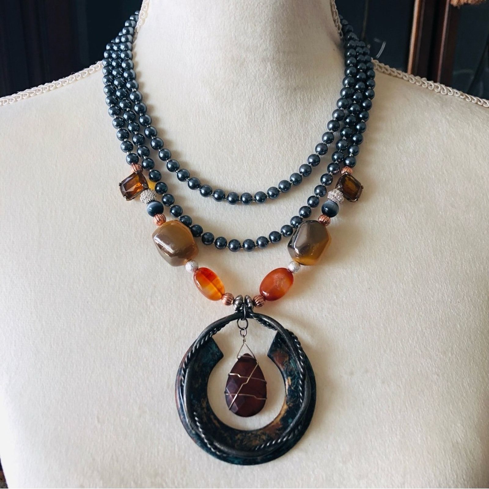 Handmade Handcrafted repurpose medieval gem glass Pearl necklac Size ONE SIZE - 2 Thumbnail
