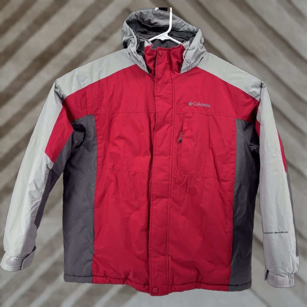 VINTAGE Columbia Puffer Jacket Colorblock Red Zip Hooded