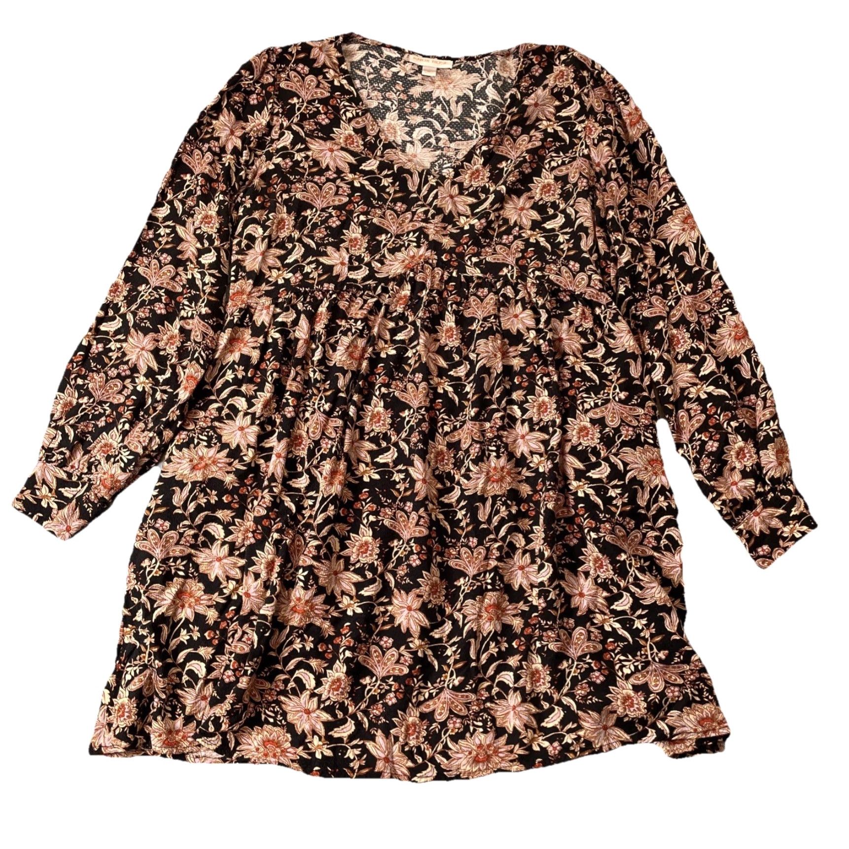 VINTAGE Knox Rose Dress M Black Ivory Multicolor Floral Puff Sleeve V-Neck  Pullover A-Line