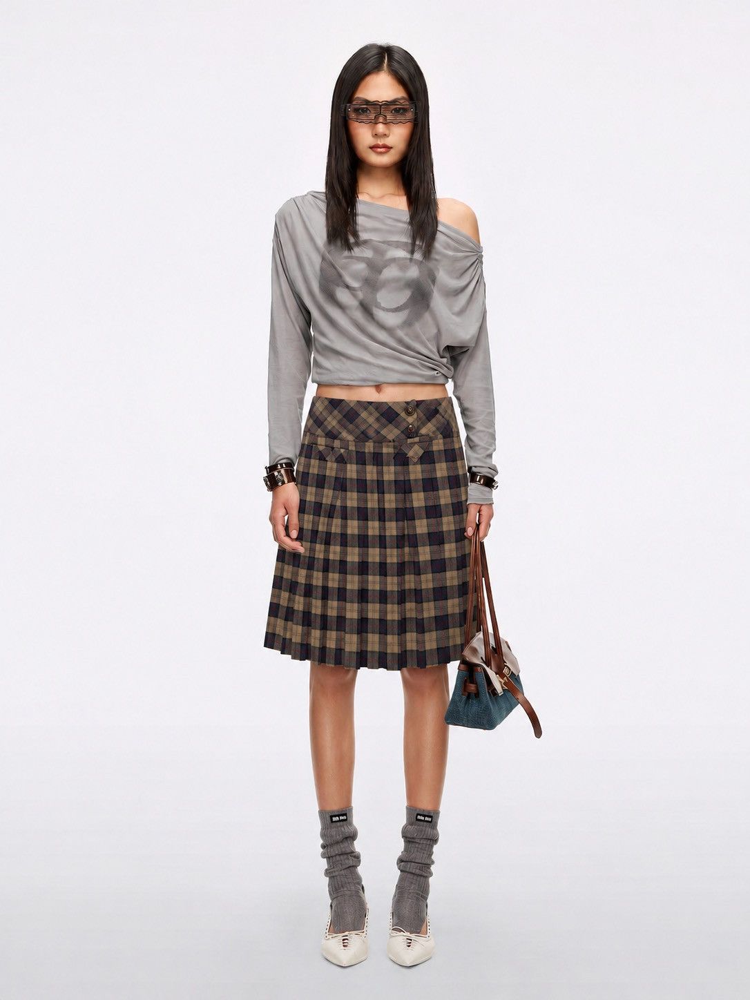 Other Hessnatur Womens Plaid Pleated Skirt Beige Blue Check Mini Size 30" / US 8 / IT 44 - 1 Thumbnail