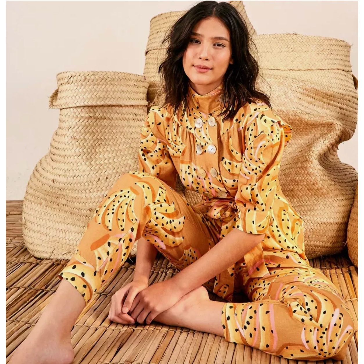 Farm Rio NWT FARM RIO | OFFICE SIREN GOES BANANAS LINEN JUMPSUIT XS Size 25" / US 0 / IT 36 - 2 Thumbnail