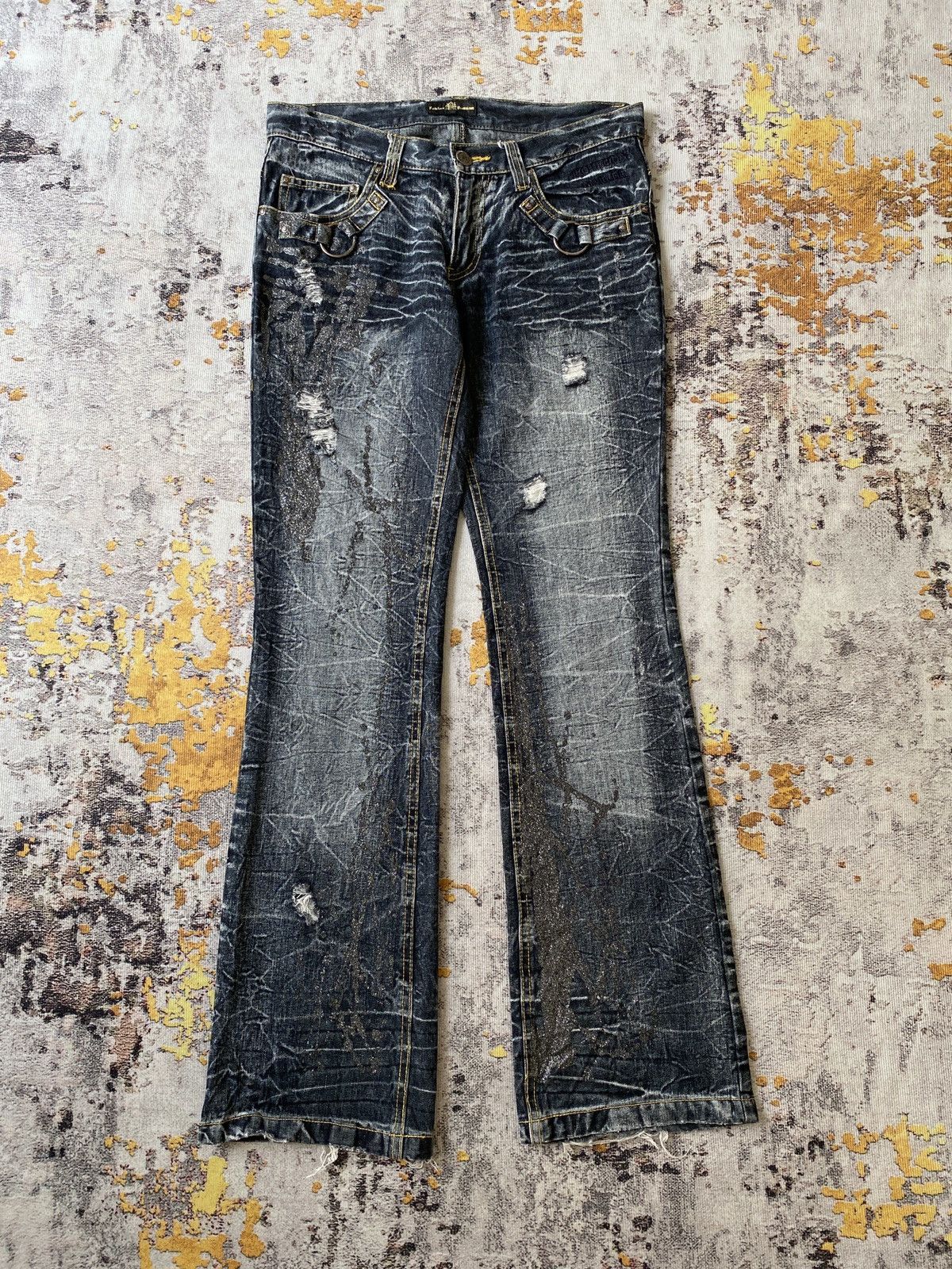 Japanese Brand Lowbox Premium Claws Mark Honey Comb Distressed Flare Denim Size US 32 / EU 48 - 3 Thumbnail