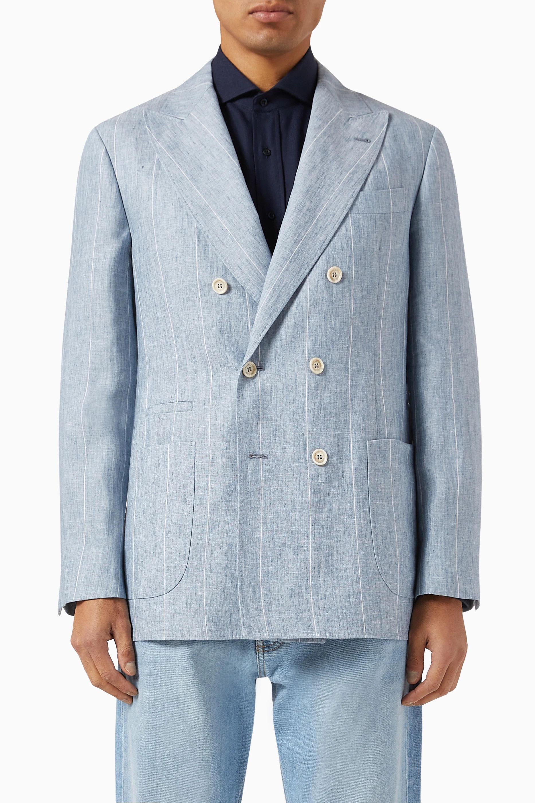 Brunello Cucinelli o1y0526 Double-breasted Blazer in Sky Blue/White Size US L / EU 52-54 / 3 - 1 Thumbnail
