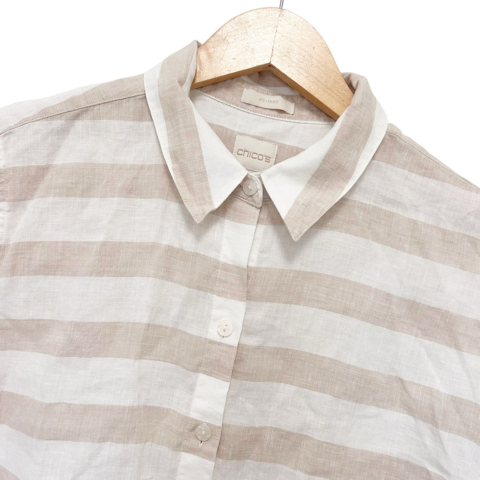 Chicos Chicos Tan White Striped 100% Linen Button Down Shirt Sz XLP Size XL / US 12-14 / IT 48-50 - 1 Thumbnail