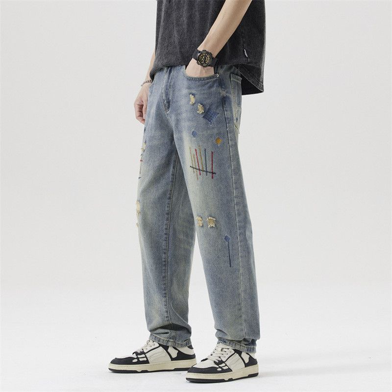 Japanese Brand Japanese retro embroidery ripped straight jeans y2k Size US 32 / EU 48 - 2 Thumbnail