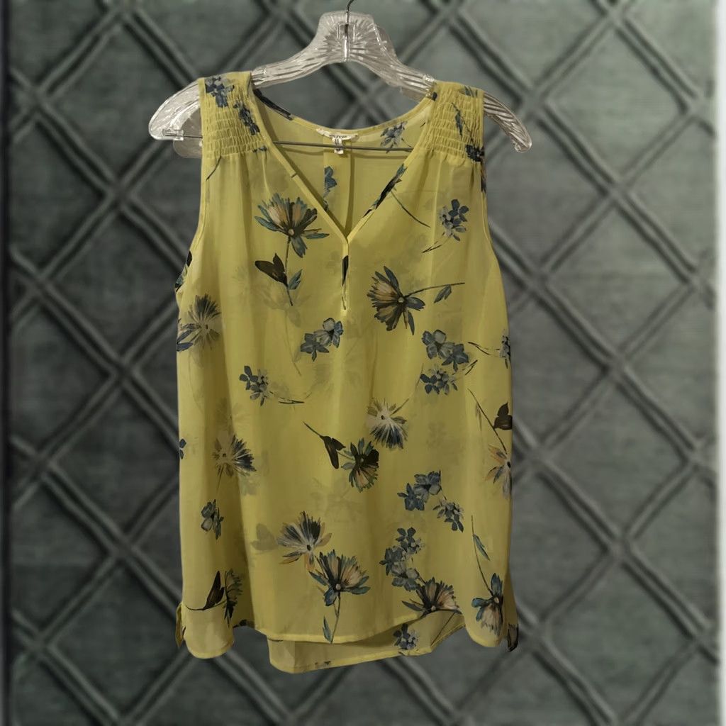 Vintage Maurices Blouse Shirt Womens V-Neck Sleeveless Floral Yellow Med Sheer Knit Polyester Size M / US 6-8 / IT 42-44 - 1 Thumbnail