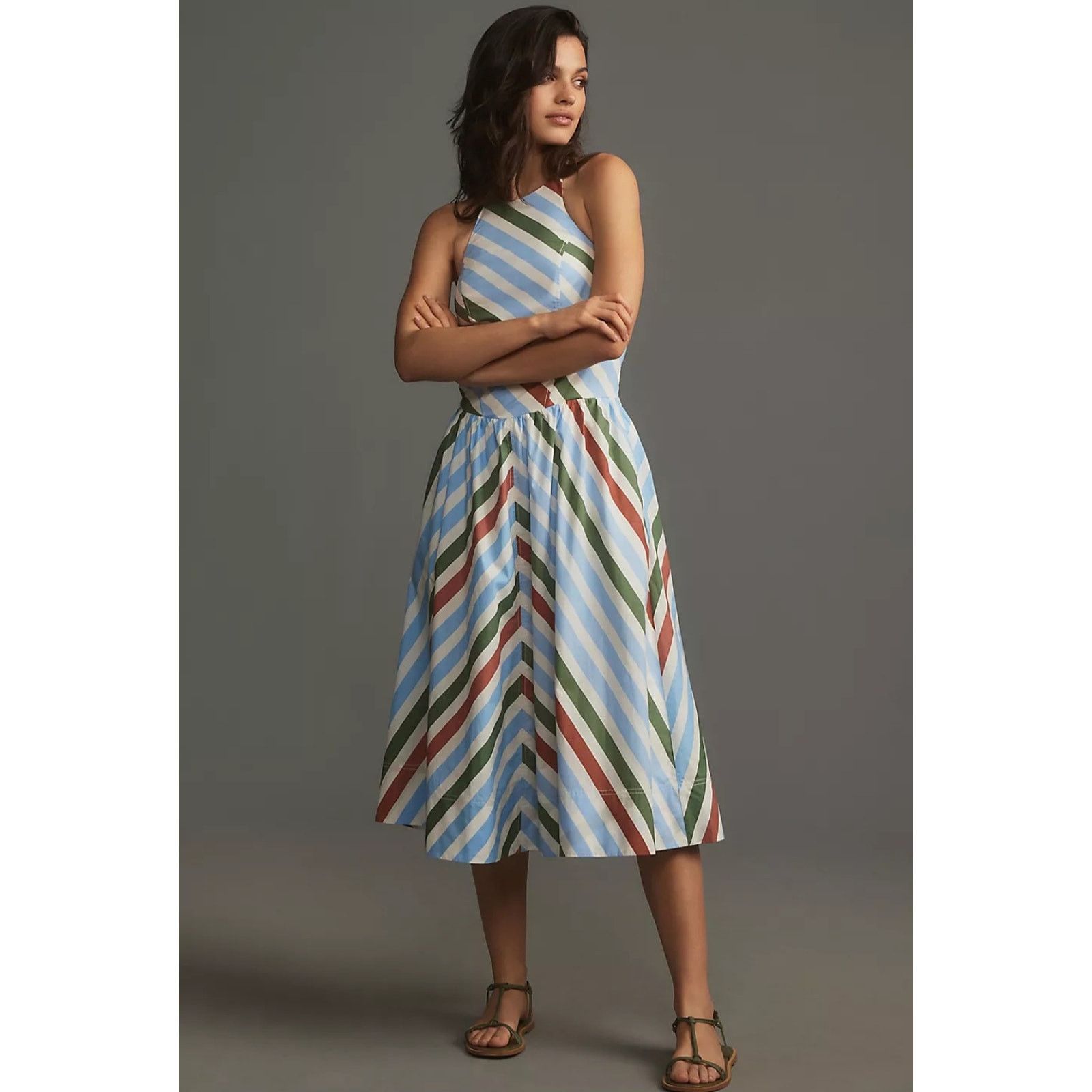 Anthropologie NWT Maeve Halter Midi Sundress $168 XS Neutral Striped Motif Size XS / US 0-2 / IT 36-38 - 1 Thumbnail