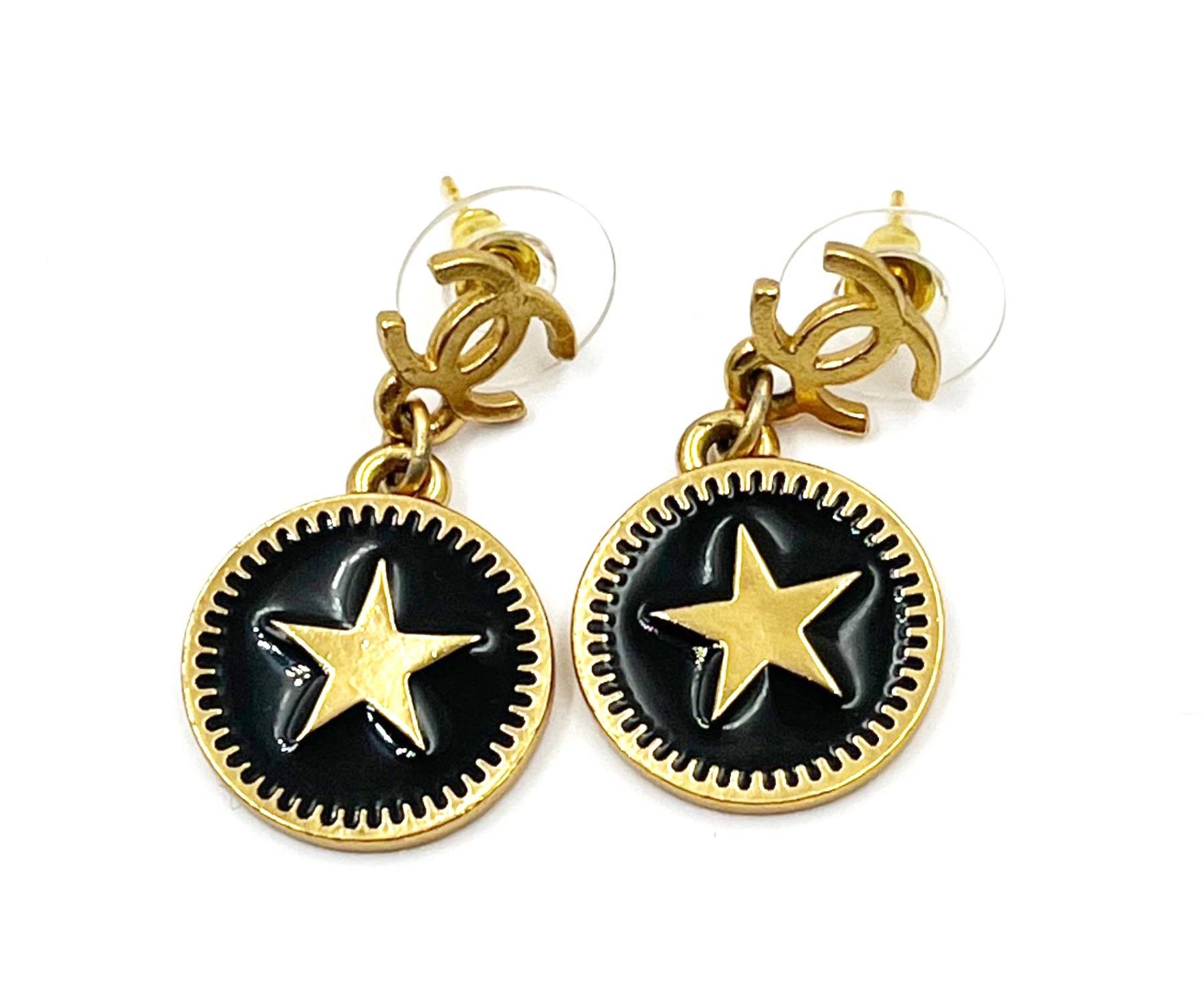 Chanel Chanel Gold Plated CC Star Round Black Coin Dangle Earrings Size ONE SIZE - 2 Thumbnail