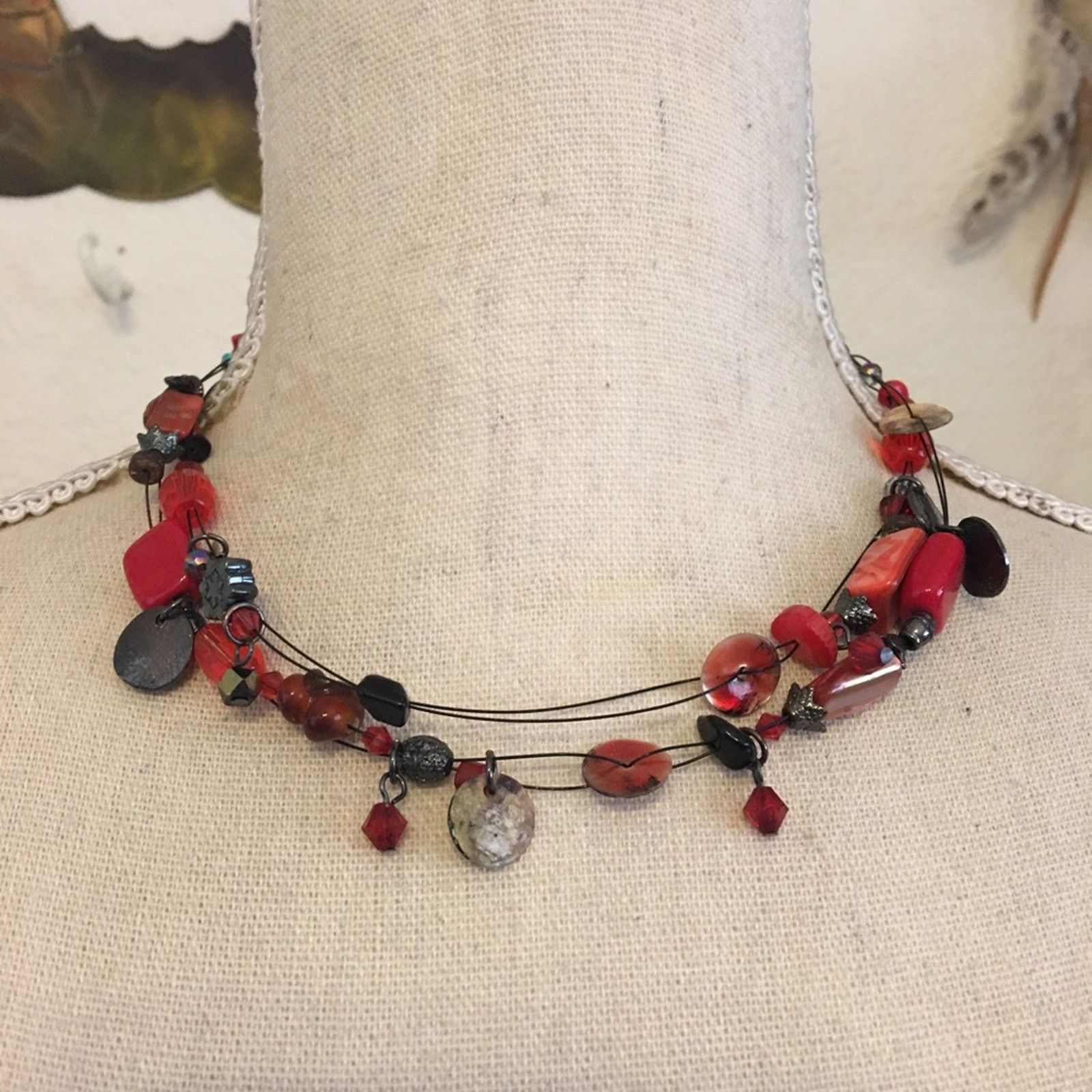 Jewelry Red tones mixed material beaded fish line necklace Size ONE SIZE - 1 Thumbnail