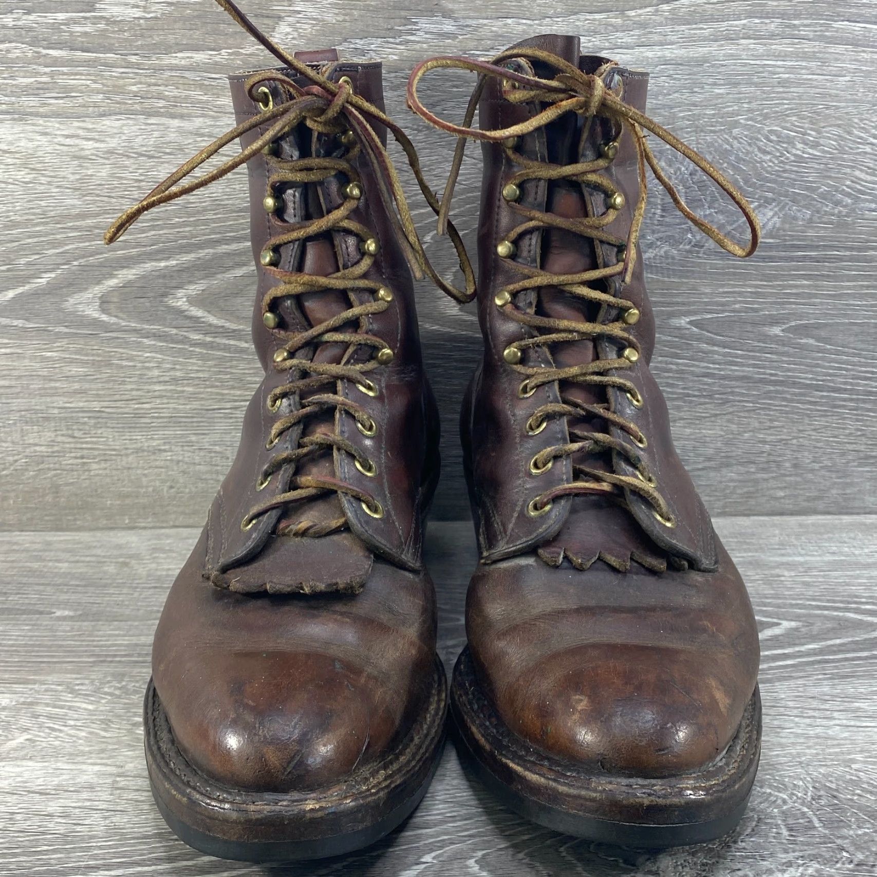 Vintage Whites Handmade Mens 9 D Brown Leather Boots Logger Packer Lace Up Vibram Sole - Workwear Boots Size US 9 / EU 42 - 4 Thumbnail