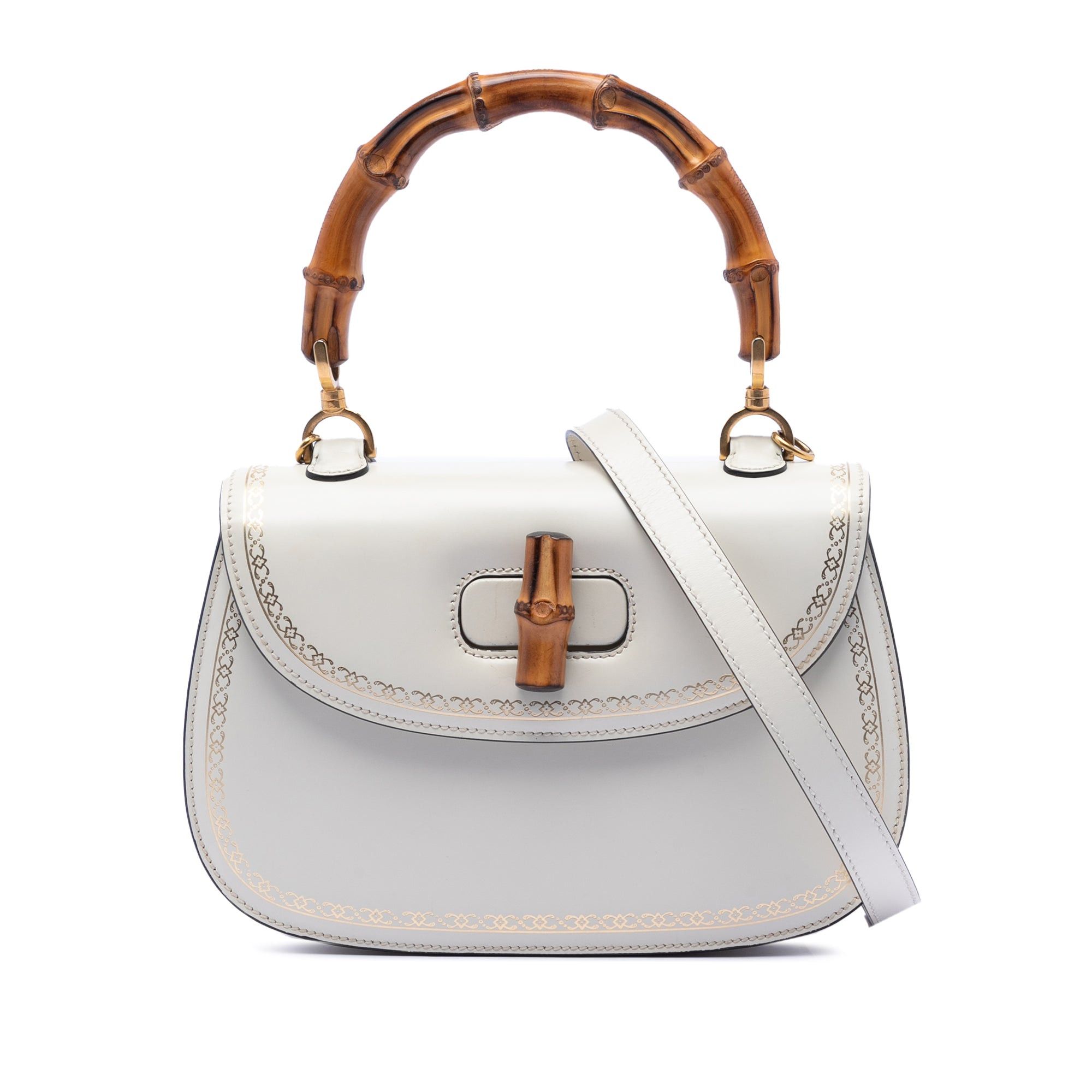 Calfskin Frame Print Bamboo Top Handle Bag