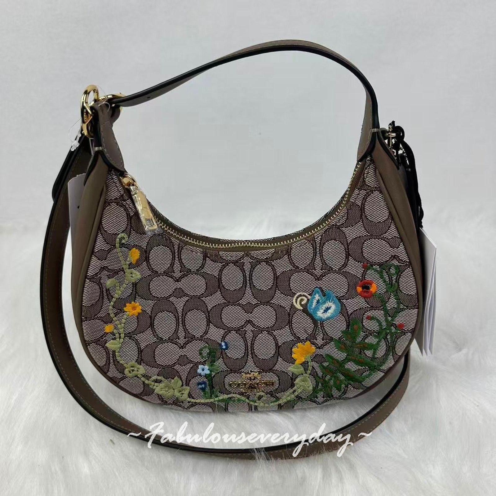 COACH Emily Shoulder Bag Sig Jacquard Floral Embroidery Oak