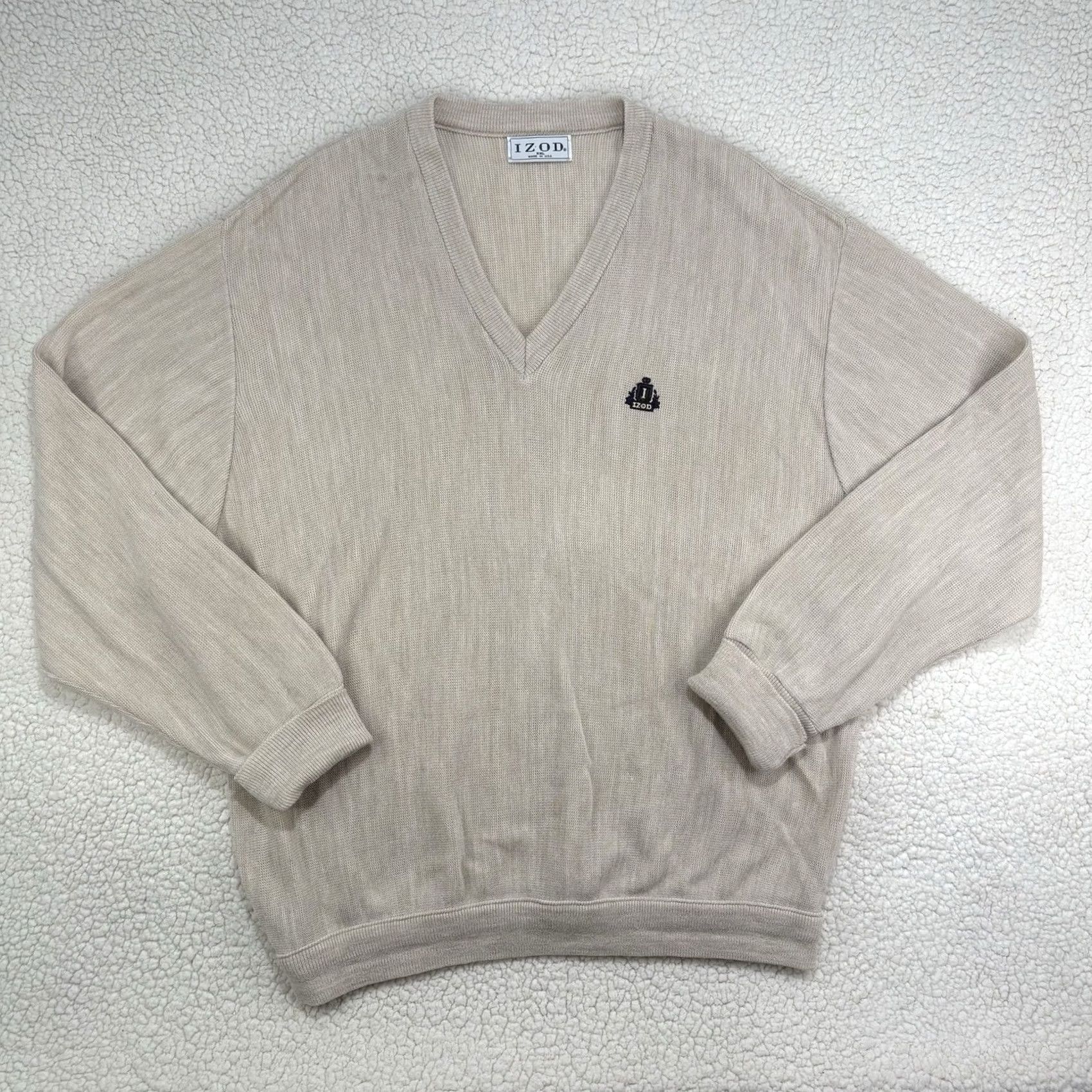 Izod VINTAGE IZOD Sweater Mens 2XL Pullover V-Neck Acrylic Golf Crest USA Oatmeal Beige Size US XXL / EU 58 / 5 - 2 Thumbnail