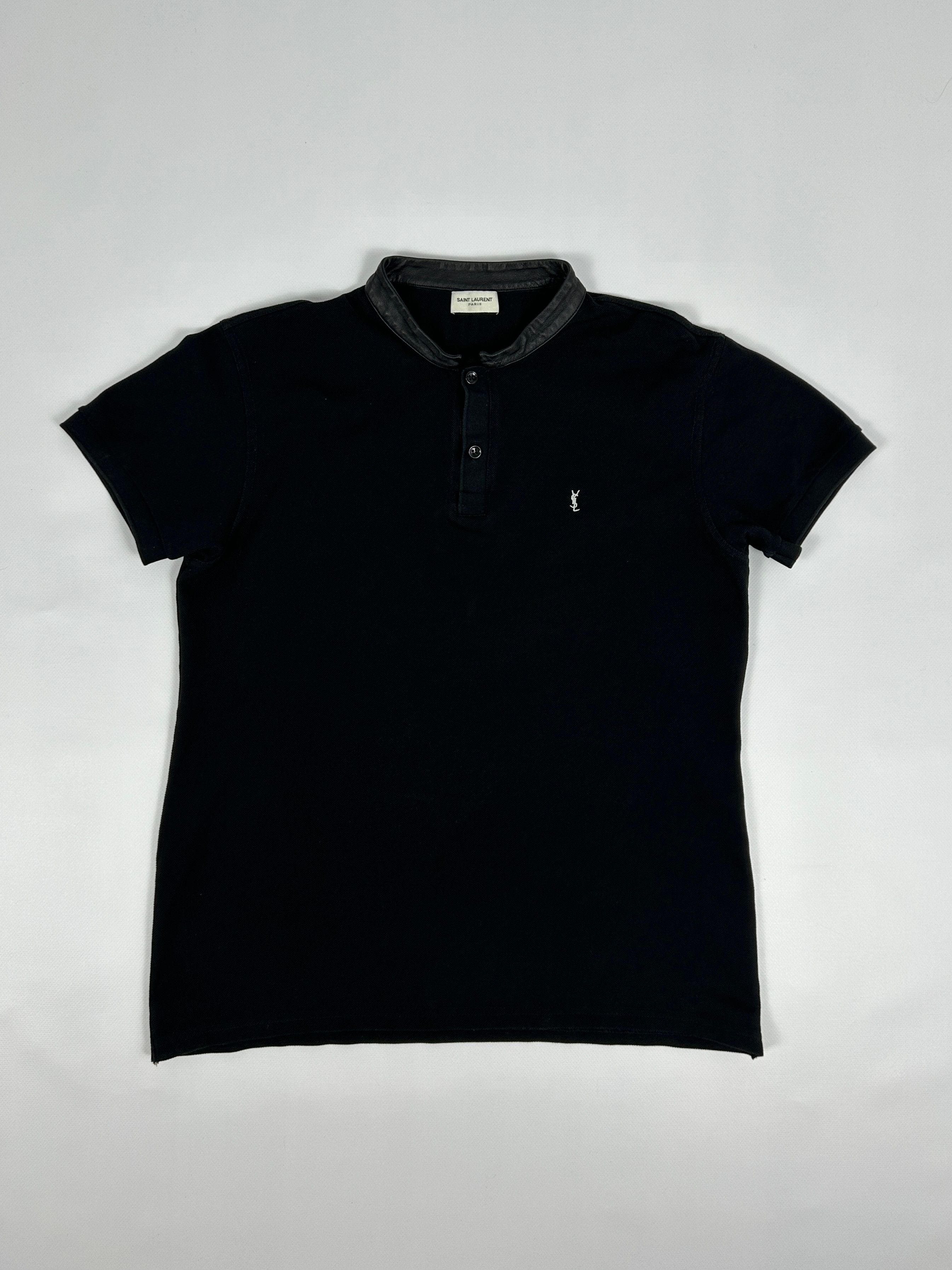 image of Saint Laurent Paris Saint Laurent Leather Collar Small Logo Polo Shirt in Black, Men's (Size Large)
