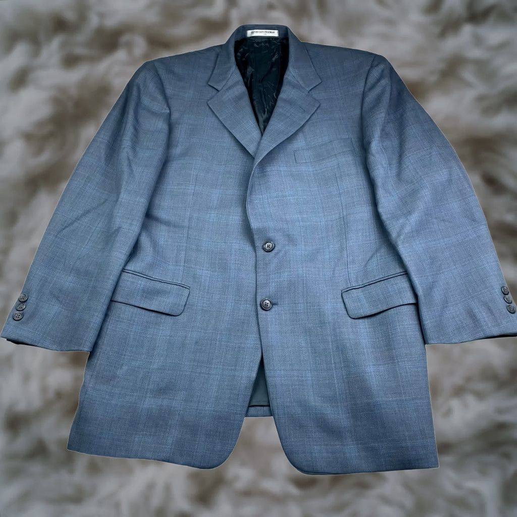 Vintage Hickey Freeman Men’s Blazer 42 Regular Blue Windowpane Plaid 100% Wool Two-Button Closure Four-Button Cuff Notch Lapel Jacket Coat/Vest Men Size 42R - 1 Thumbnail
