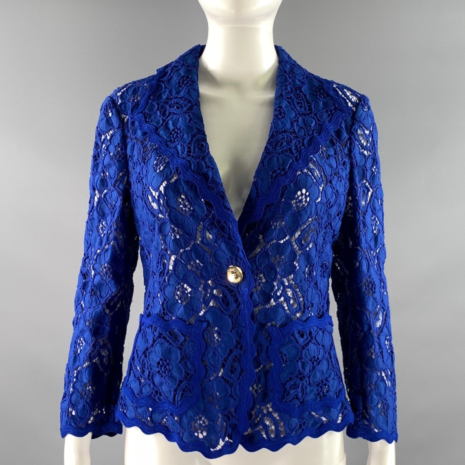 Escada ESCADA Size 4 Blue Polyamid Baumwolle Floral Jacket Size US 4 / IT 34 - 1 Thumbnail