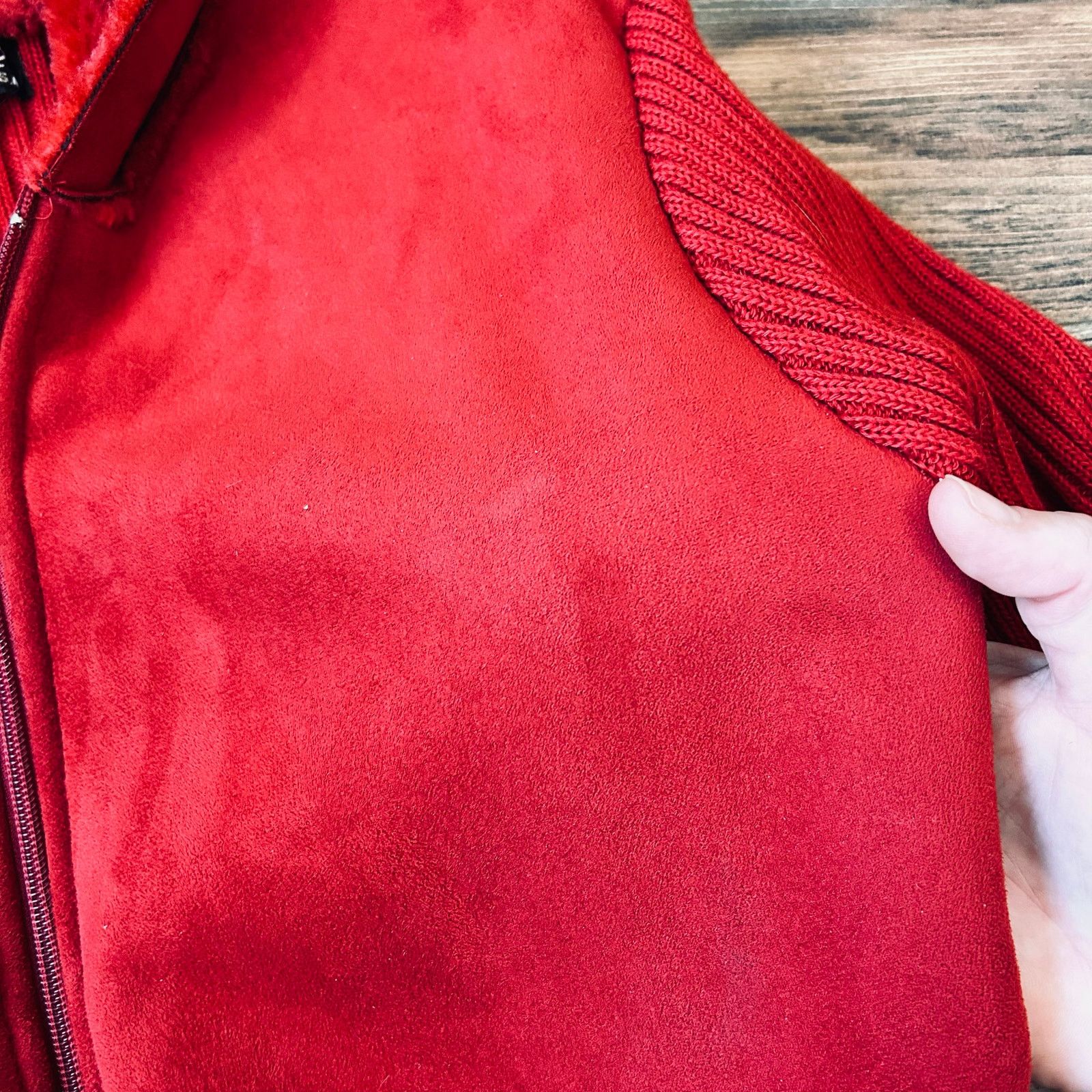 Vintage Y2K Cherry Red Faux Suede Leather Jacket Hood Knit Vintage Size L / US 10 / IT 46 - 9 Thumbnail